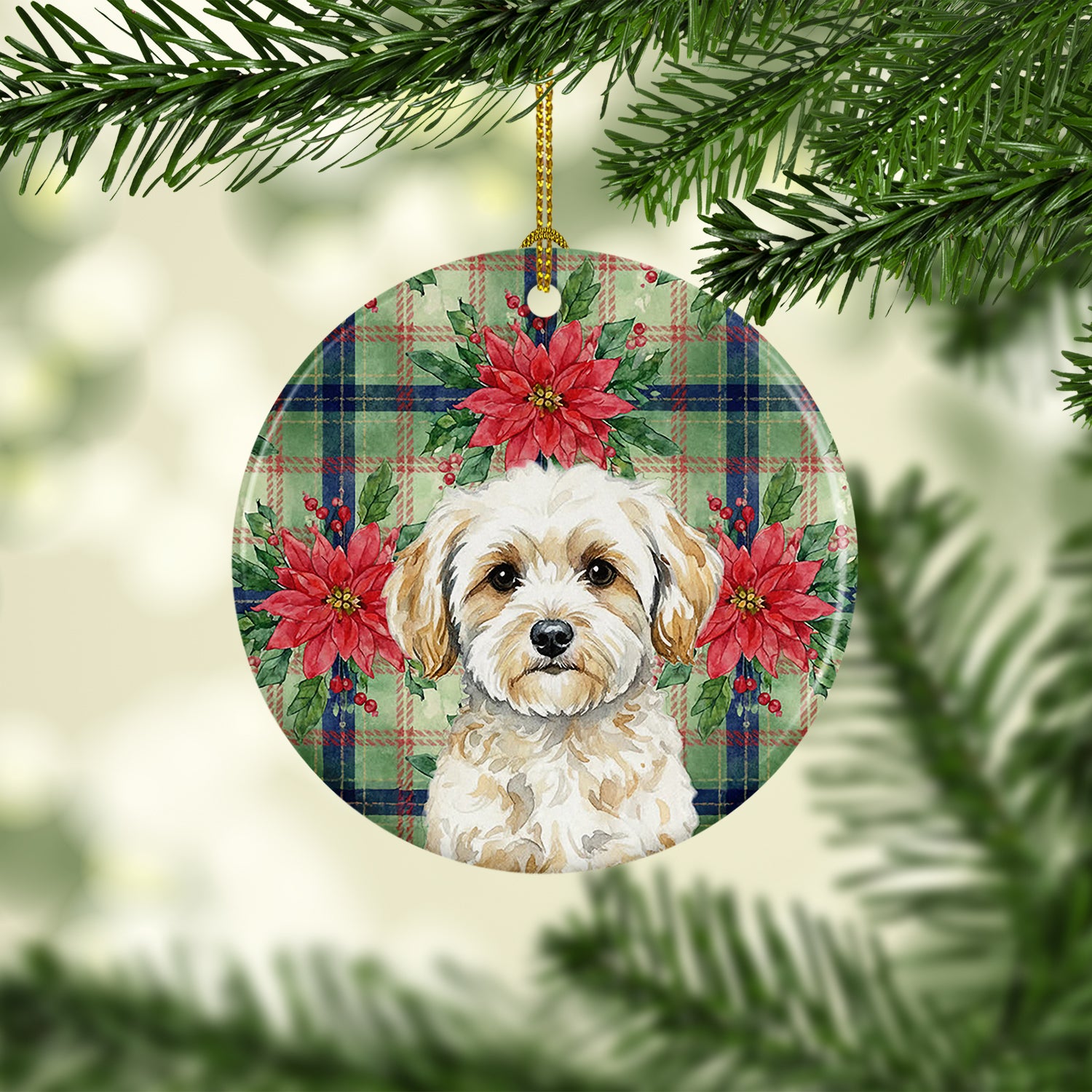 Caroline's Treasures Maltipoo Christmas PoinsettIas Ceramic Ornament