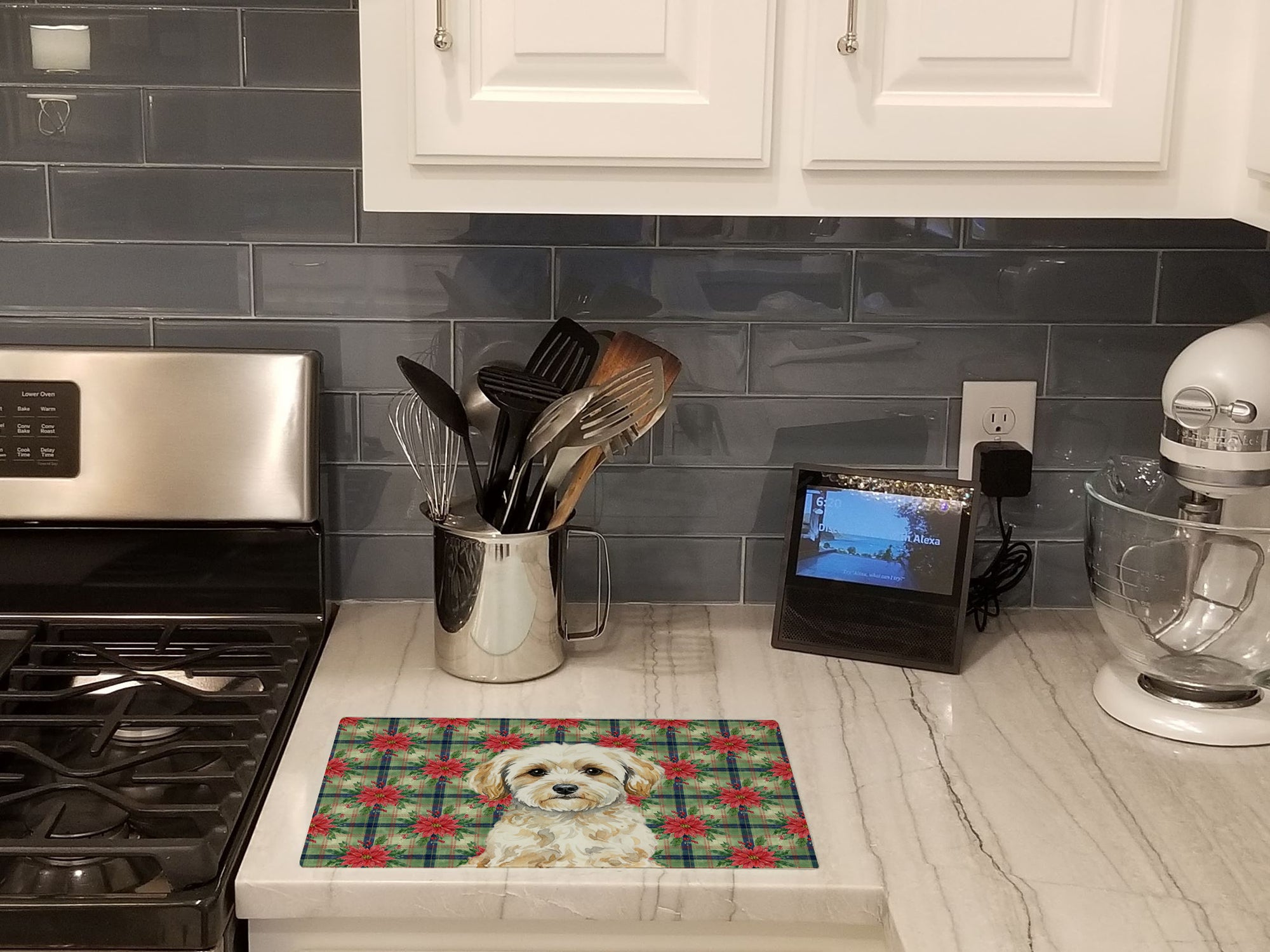 Caroline's Treasures Maltipoo Christmas PoinsettIas Glass Cutting Board