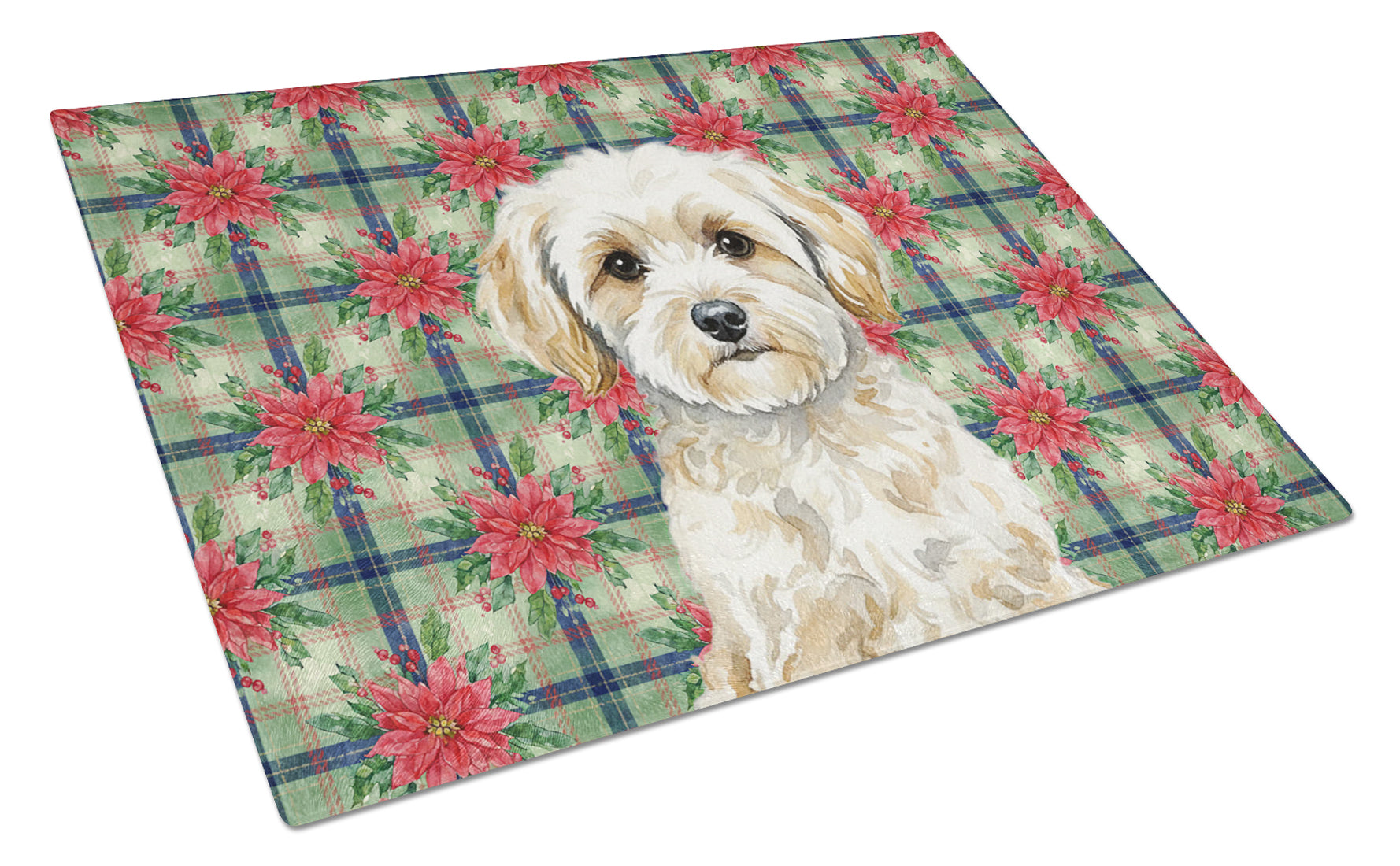 Caroline's Treasures Maltipoo Christmas PoinsettIas Glass Cutting Board