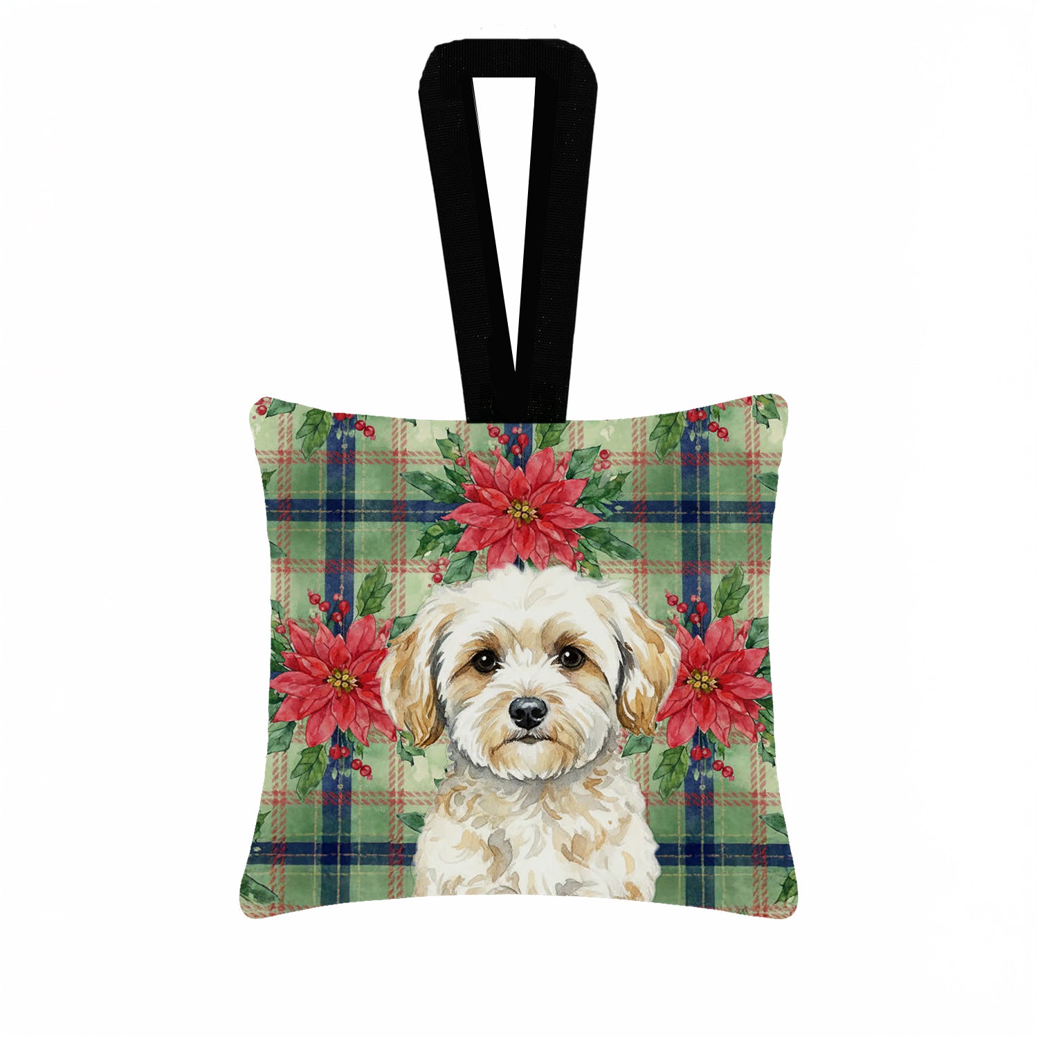 Caroline's Treasures Maltipoo Christmas PoinsettIas Hanging Square Fabric Ornament 3.5 x 3.5