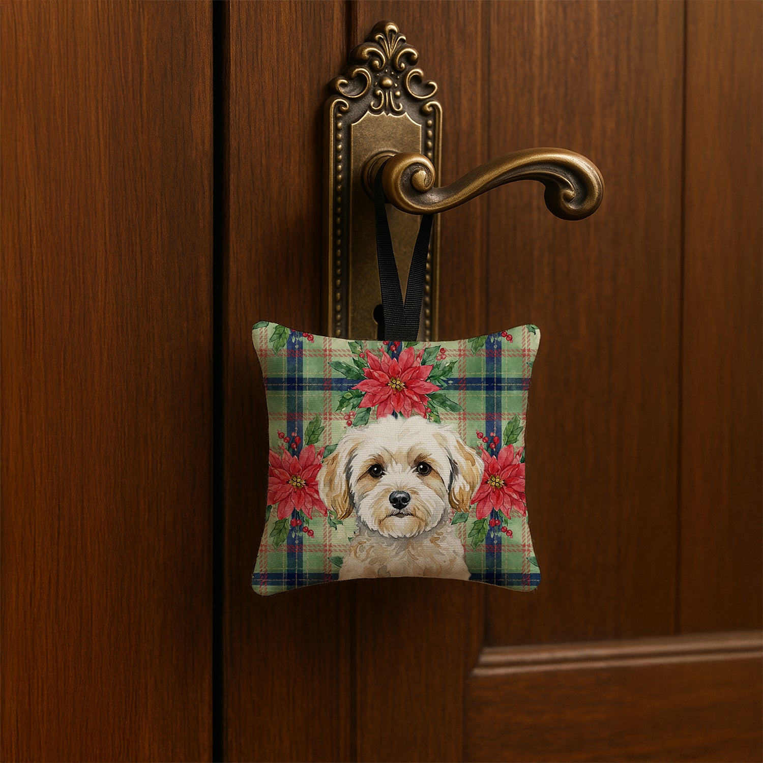 Caroline's Treasures Maltipoo Christmas PoinsettIas Hanging Square Fabric Ornament 3.5 x 3.5