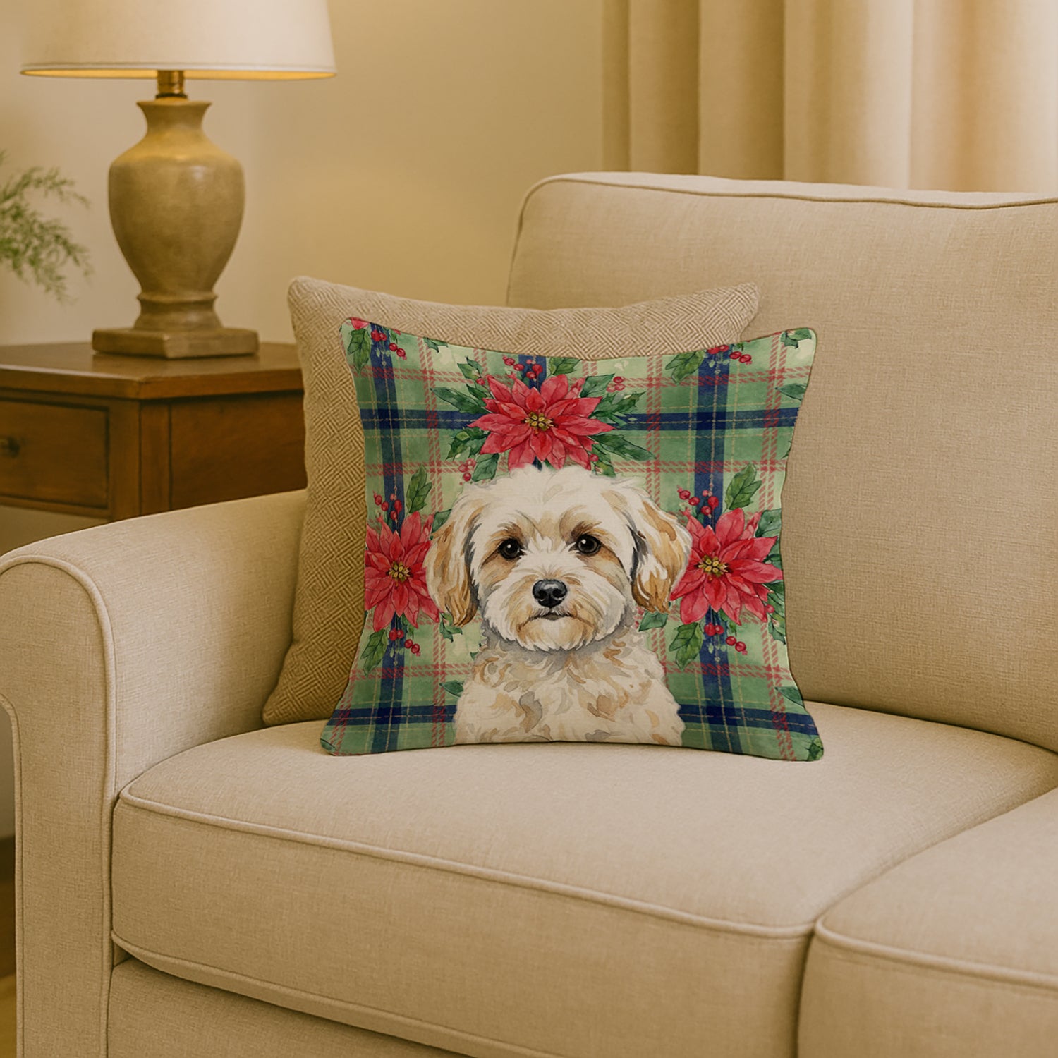 Caroline's Treasures Maltipoo Christmas PoinsettIas Throw Pillow