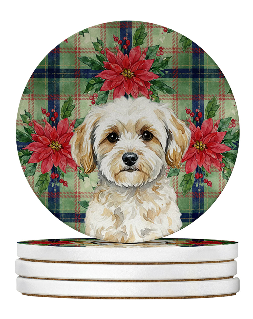Caroline's Treasures Maltipoo Christmas PoinsettIas Large Sandstone Coasters Pack of 4