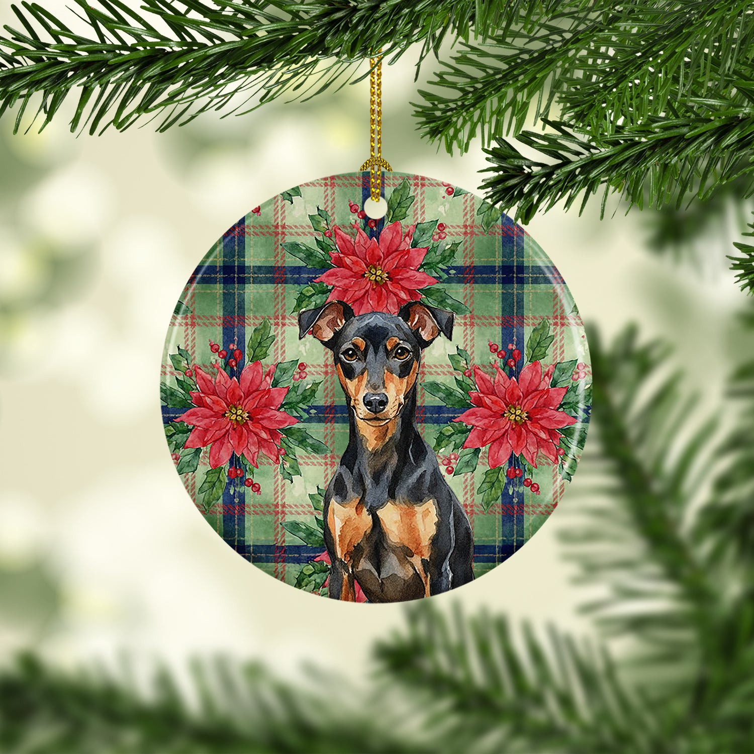 Caroline's Treasures Manchester Terrier Christmas PoinsettIas Ceramic Ornament