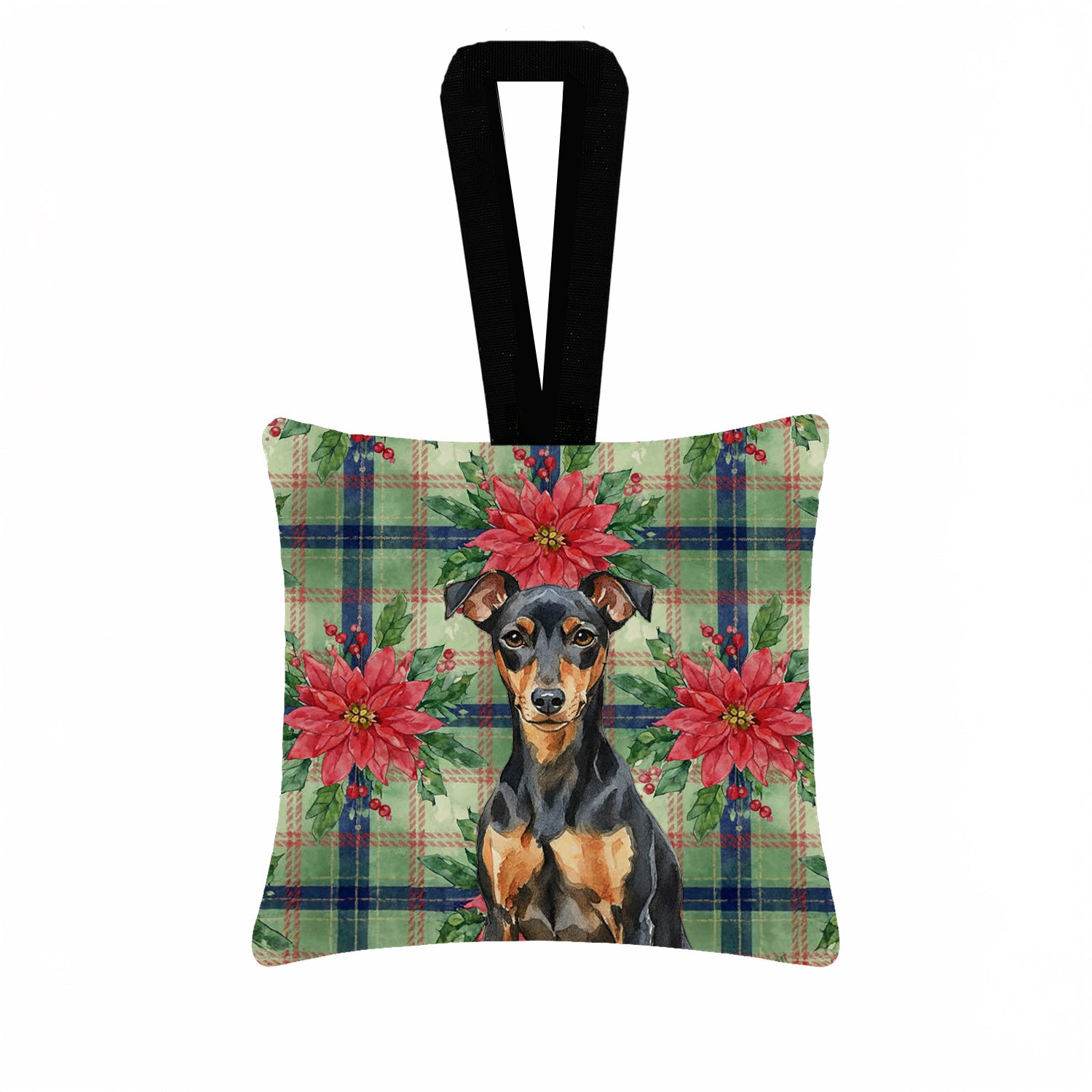 Caroline's Treasures Manchester Terrier Christmas PoinsettIas Hanging Square Fabric Ornament 3.5 x 3.5