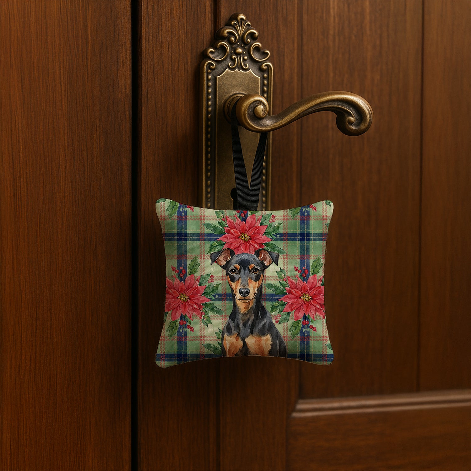 Caroline's Treasures Manchester Terrier Christmas PoinsettIas Hanging Square Fabric Ornament 3.5 x 3.5