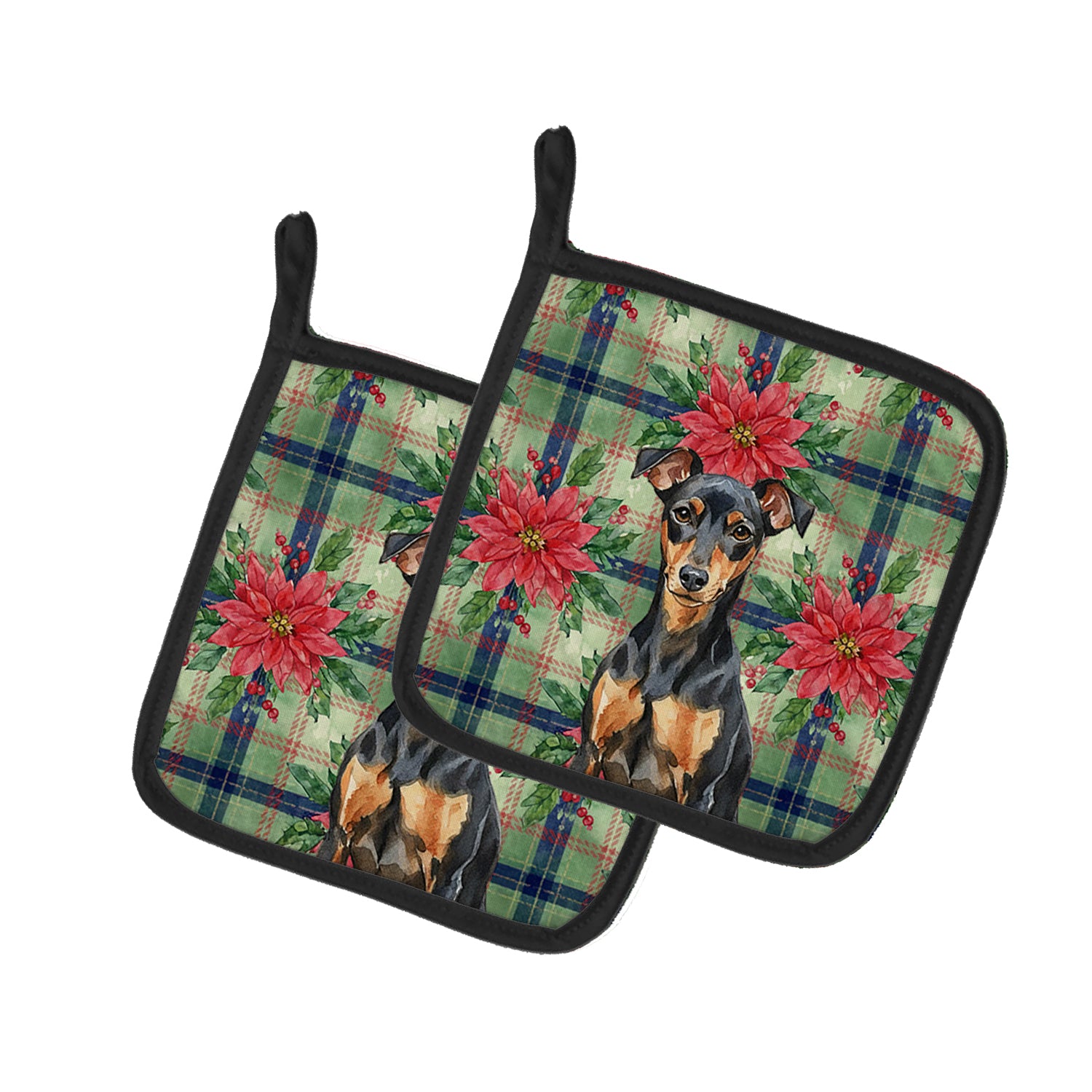 Caroline's Treasures Manchester Terrier Christmas PoinsettIas Pair of Pot Holders