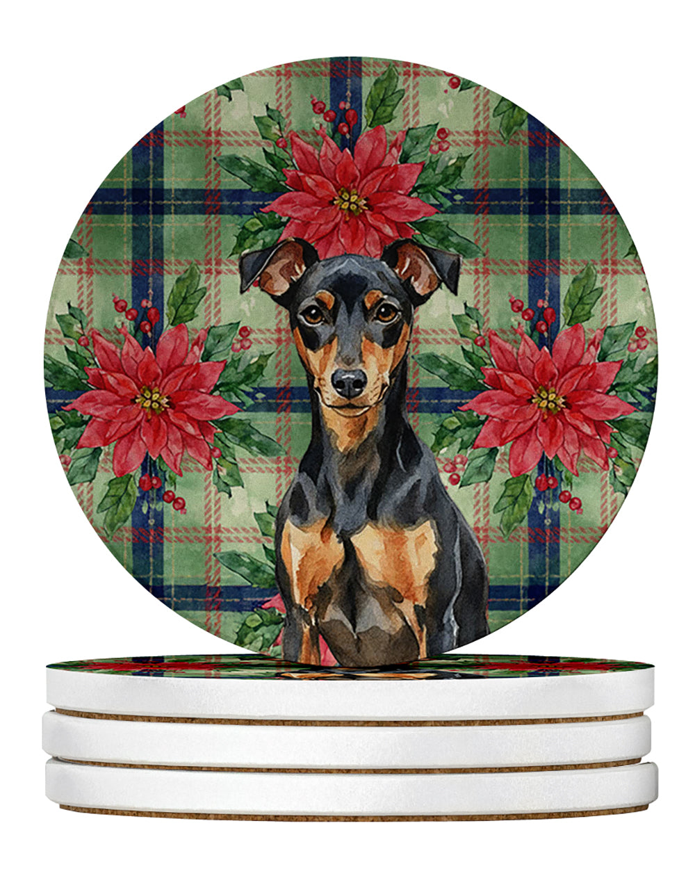 Caroline's Treasures Manchester Terrier Christmas PoinsettIas Large Sandstone Coasters Pack of 4