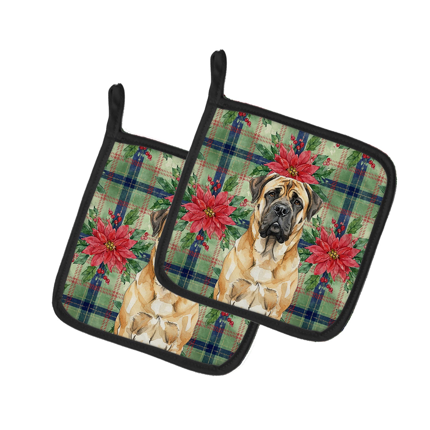 Caroline's Treasures Fawn Mastiff Christmas PoinsettIas Pair of Pot Holders