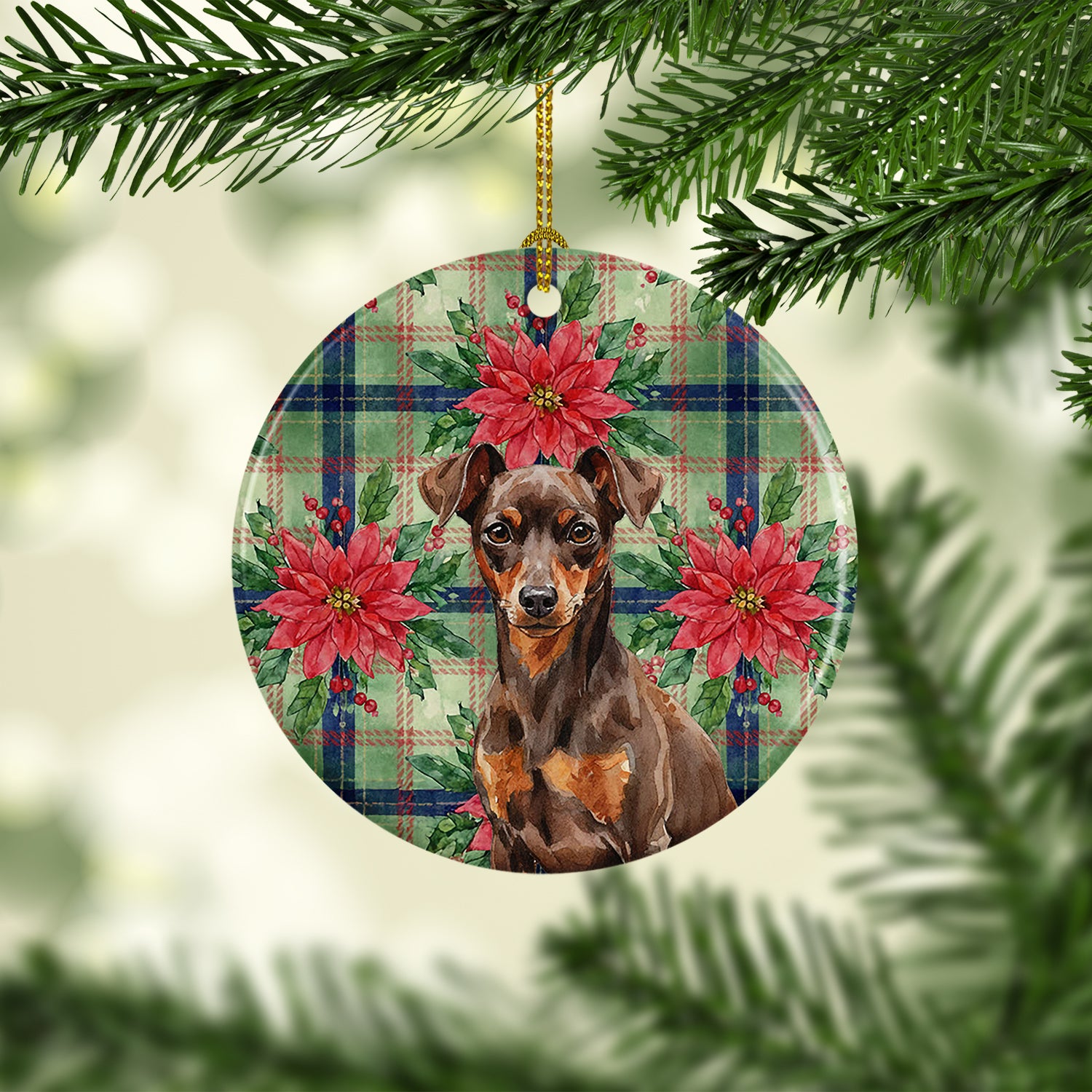 Caroline's Treasures Chocolate and Rust Miniature Pinscher Min Pin Christmas PoinsettIas Ceramic Ornament