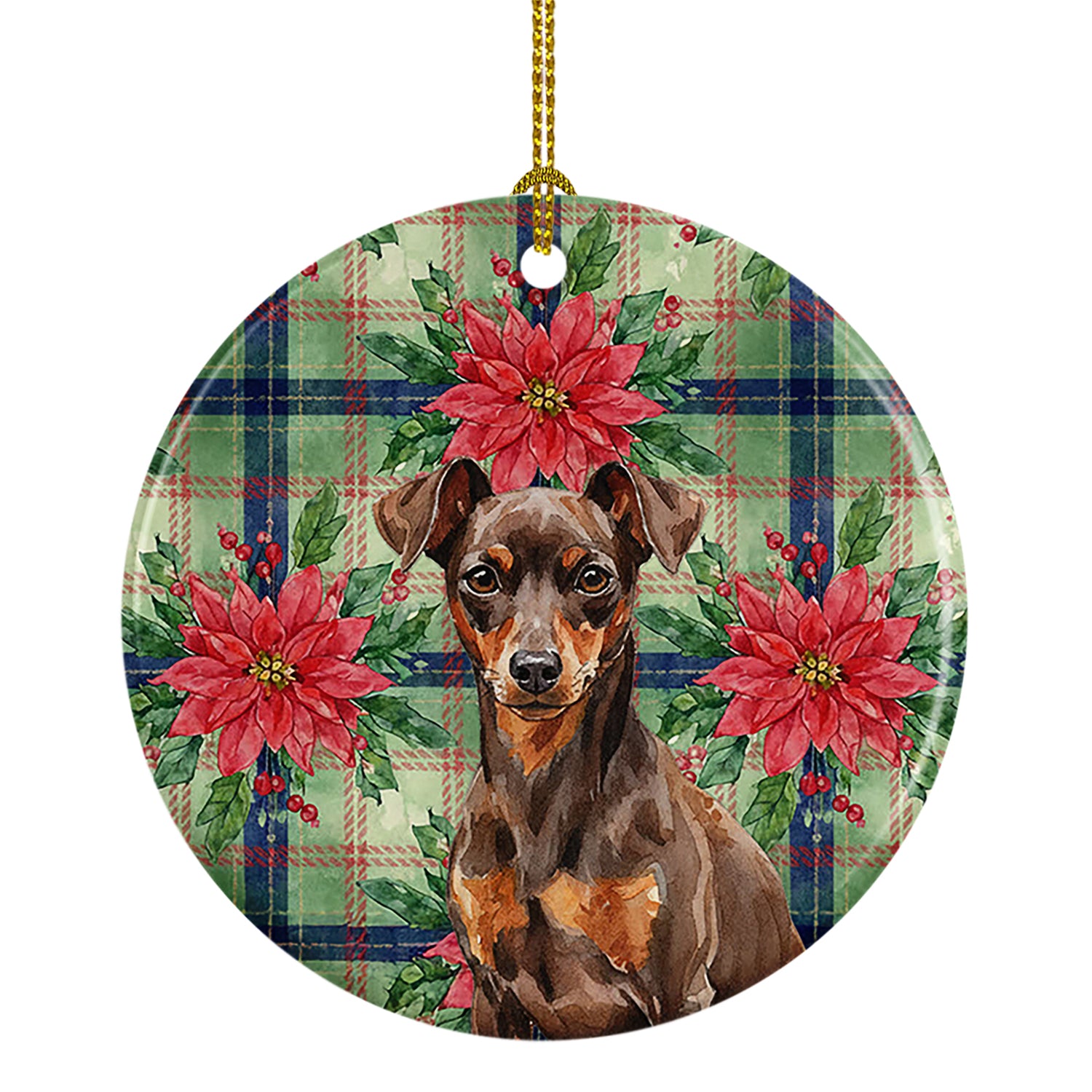 Caroline's Treasures Chocolate and Rust Miniature Pinscher Min Pin Christmas PoinsettIas Ceramic Ornament