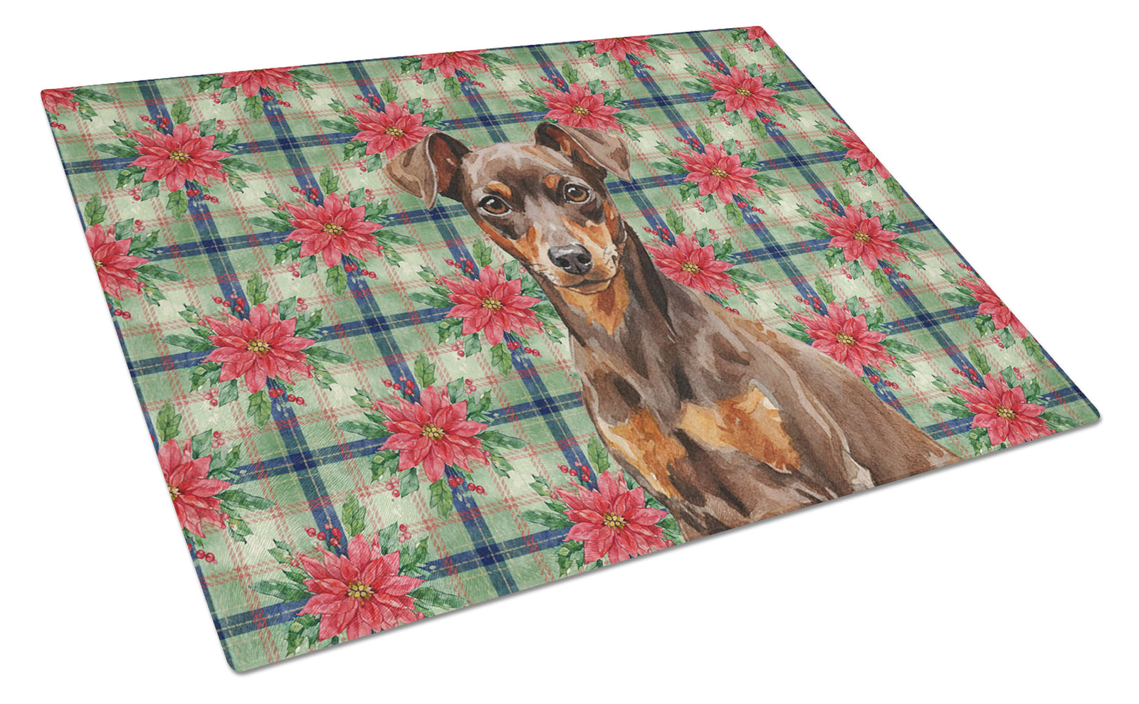 Caroline's Treasures Chocolate and Rust Miniature Pinscher Min Pin Christmas PoinsettIas Glass Cutting Board