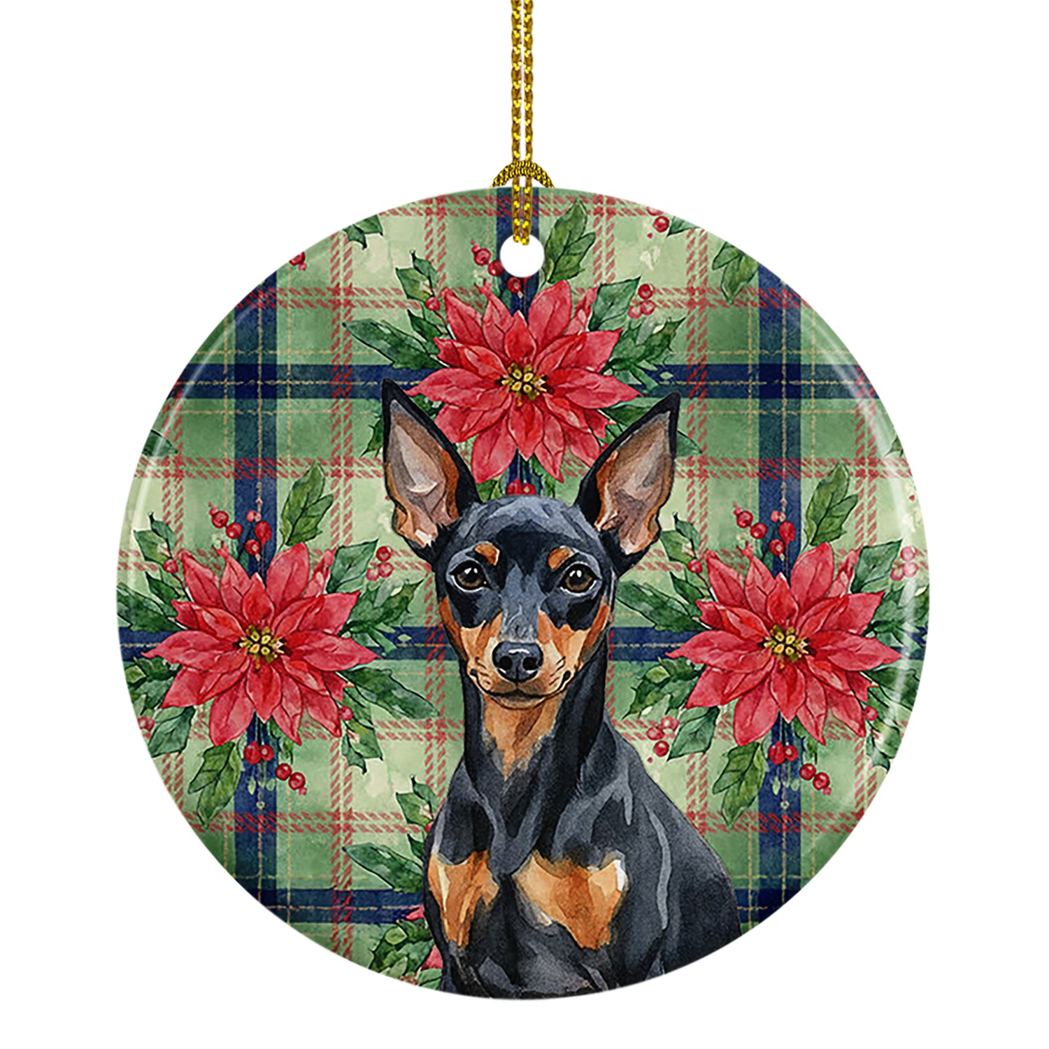 Caroline's Treasures Black and Tan Miniature Pinscher Christmas PoinsettIas Ceramic Ornament