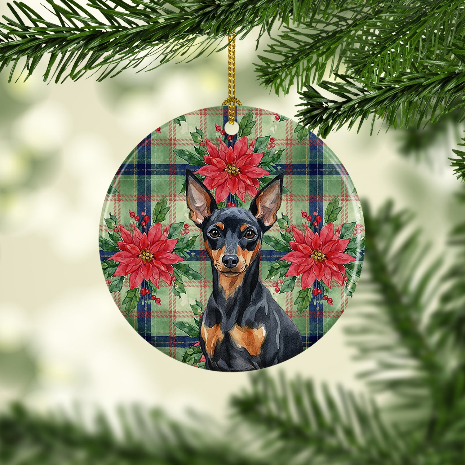 Caroline's Treasures Black and Tan Miniature Pinscher Christmas PoinsettIas Ceramic Ornament