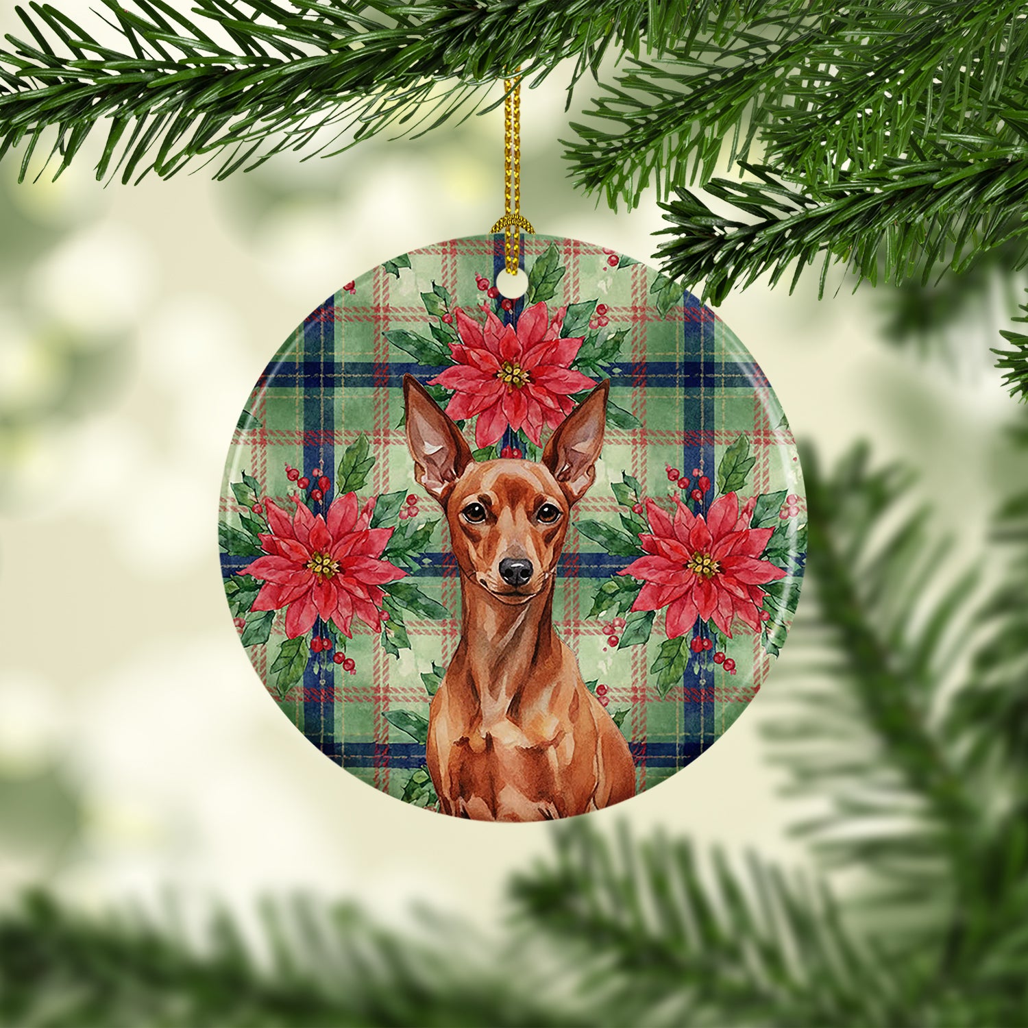 Caroline's Treasures Red Miniature Pinscher Min Pin Christmas PoinsettIas Ceramic Ornament