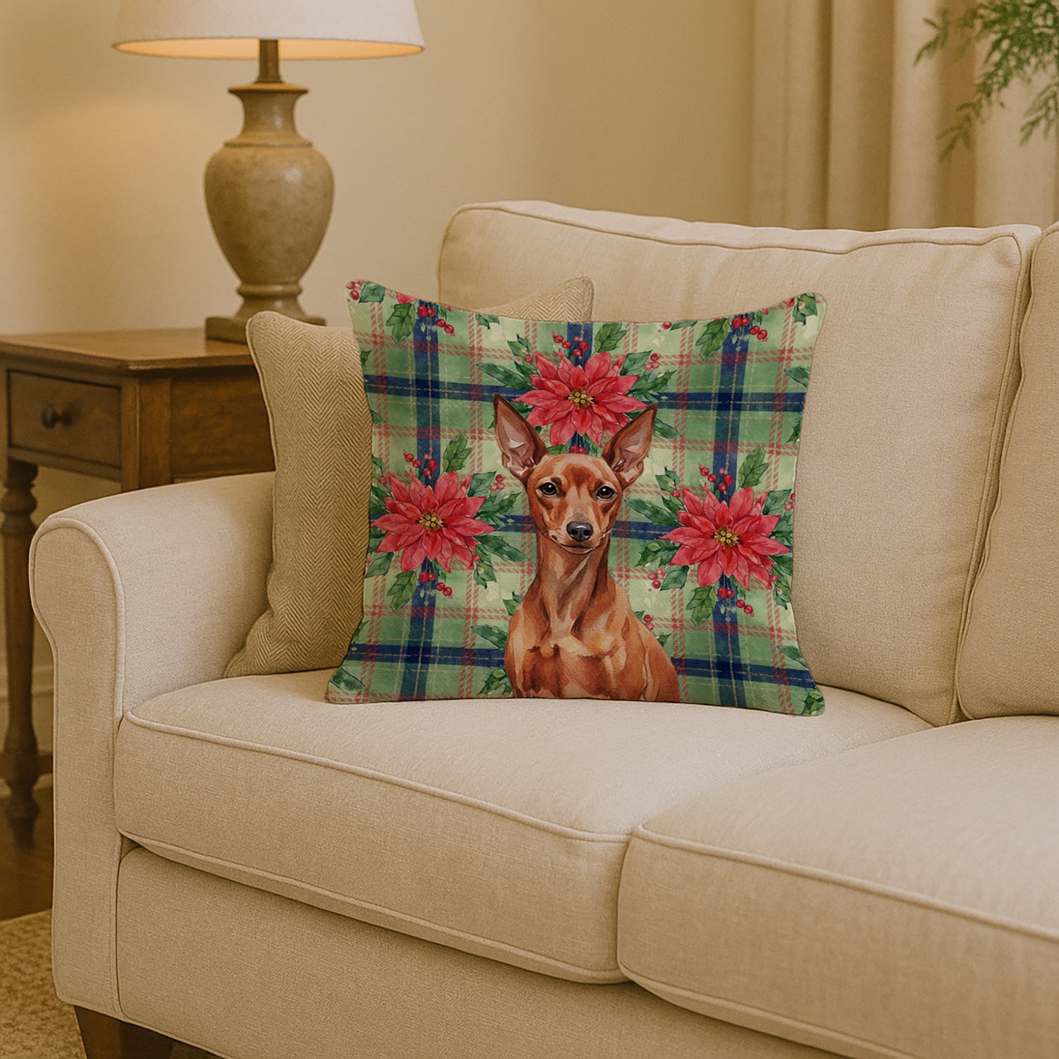 Caroline's Treasures Red Miniature Pinscher Min Pin Christmas PoinsettIas Throw Pillow
