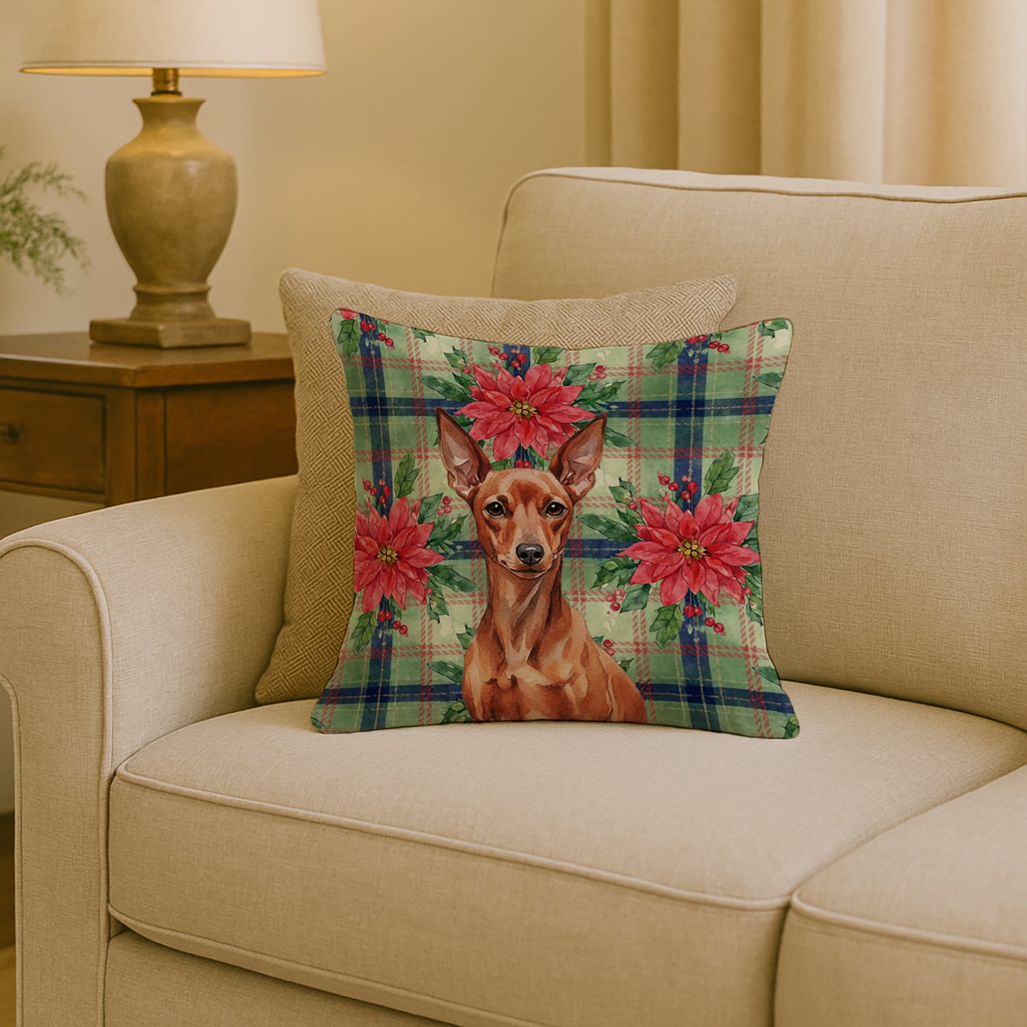 Caroline's Treasures Red Miniature Pinscher Min Pin Christmas PoinsettIas Throw Pillow