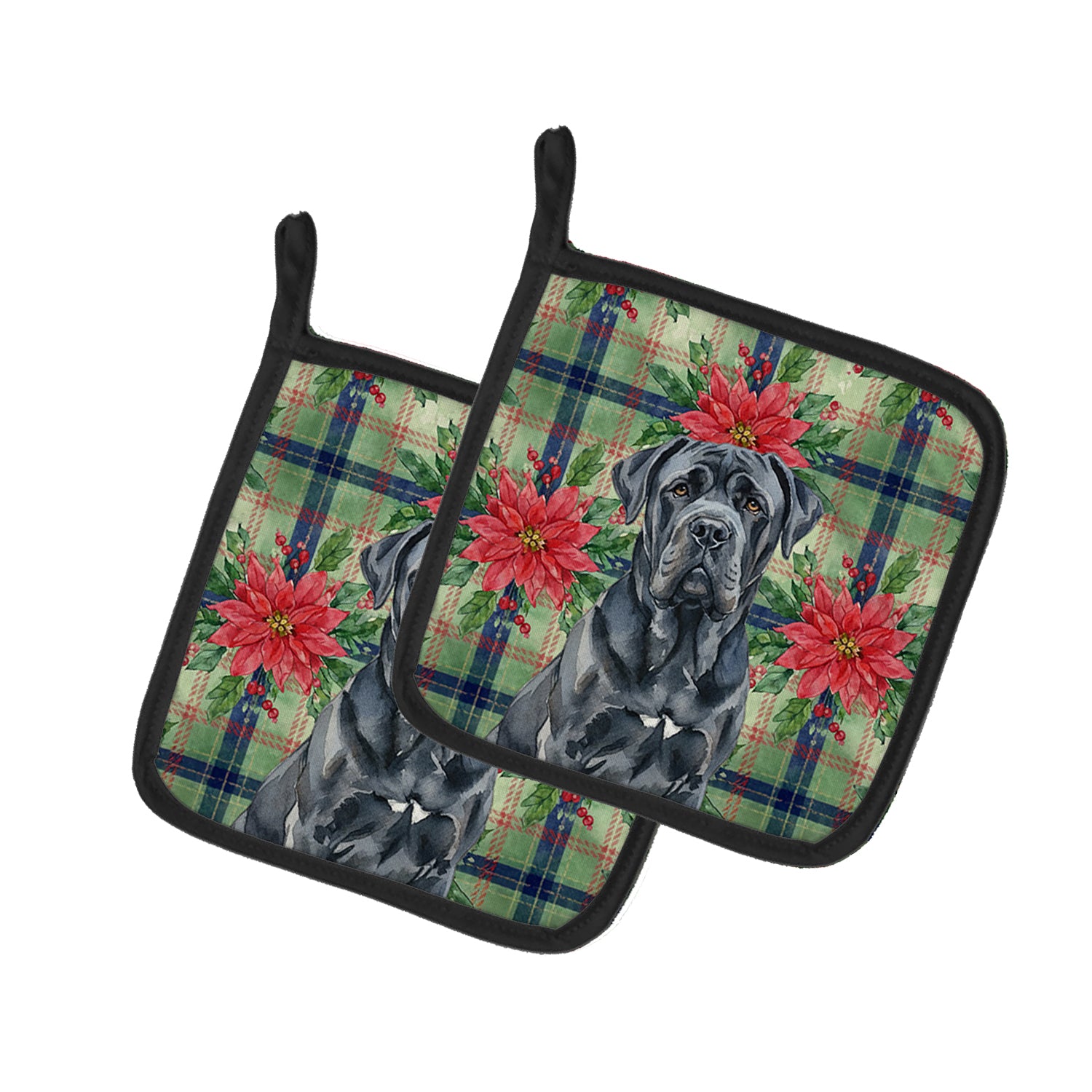 Caroline's Treasures Black Neapolitan Mastiff Christmas PoinsettIas Pair of Pot Holders
