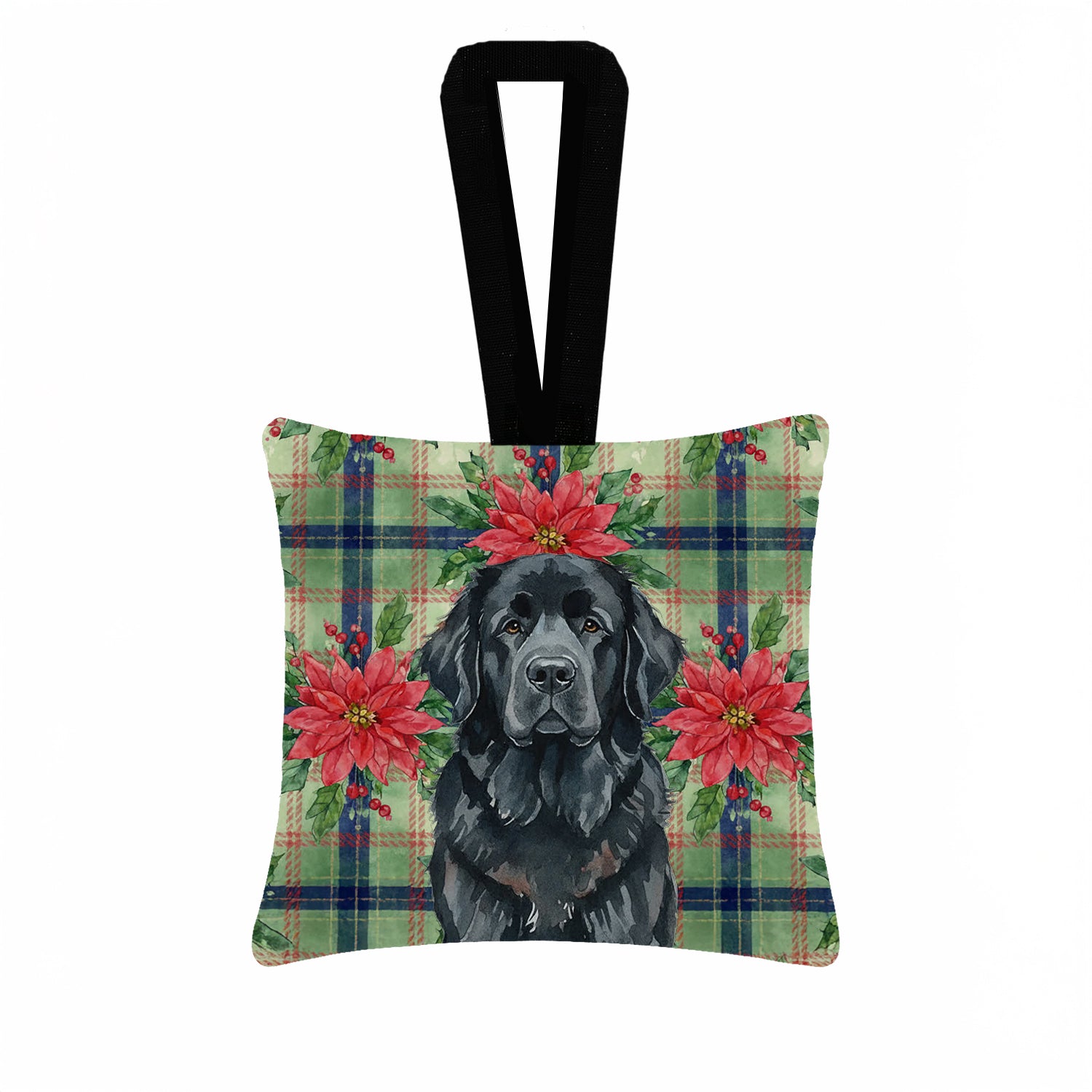Caroline's Treasures Black Newfoundland Christmas PoinsettIas Hanging Square Fabric Ornament 3.5 x 3.5