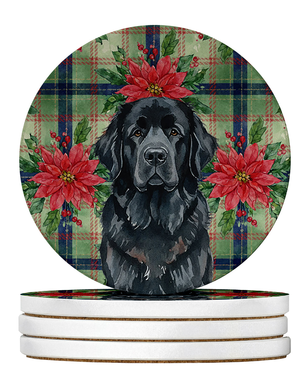Caroline's Treasures Black Newfoundland Christmas PoinsettIas Large Sandstone Coasters Pack of 4