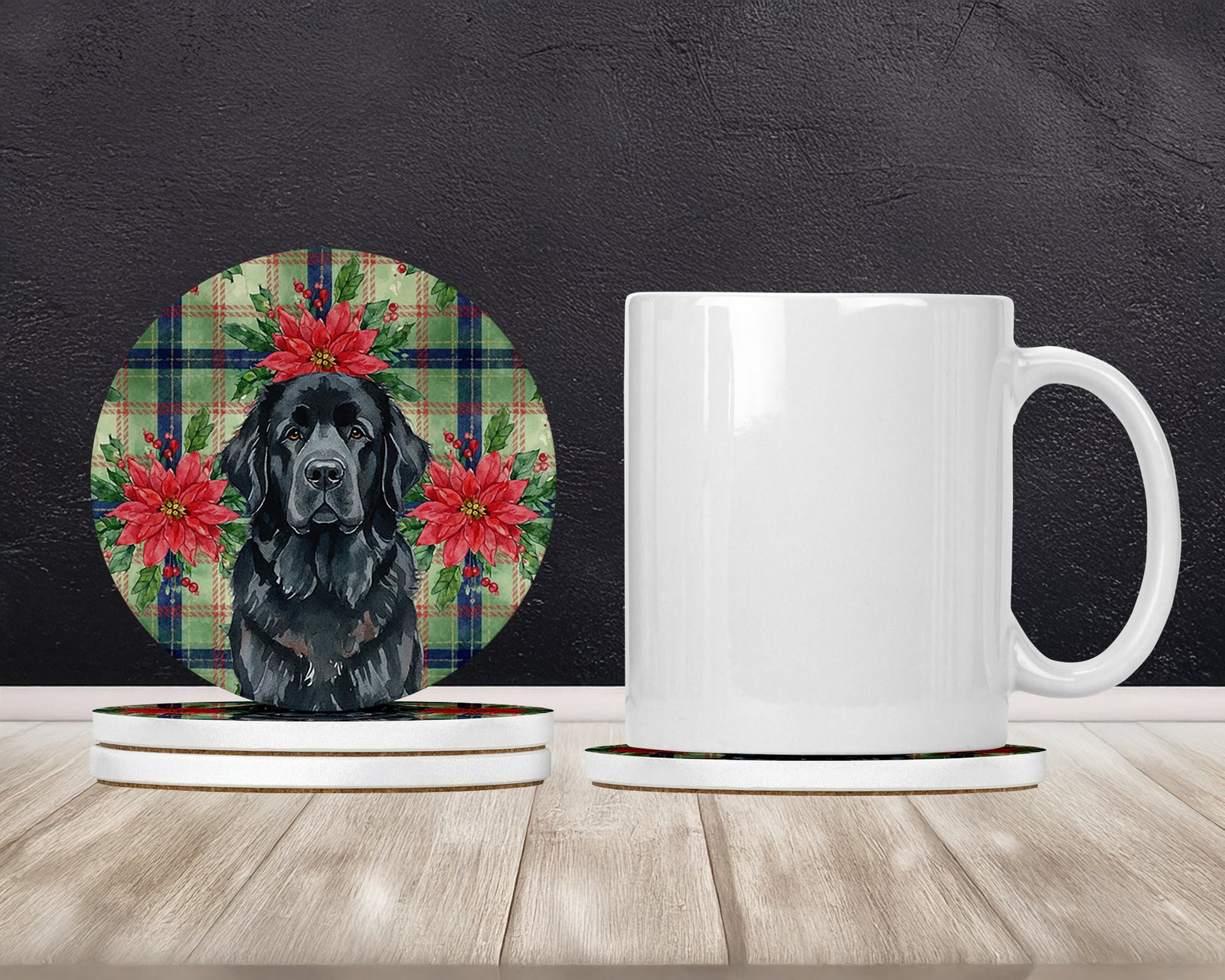 Caroline's Treasures Black Newfoundland Christmas PoinsettIas Large Sandstone Coasters Pack of 4