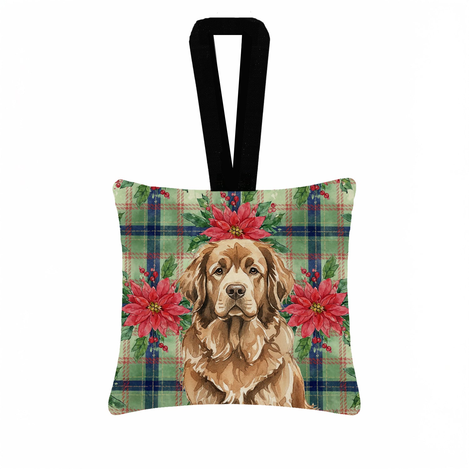 Caroline's Treasures Brown Newfoundland Christmas PoinsettIas Hanging Square Fabric Ornament 3.5 x 3.5