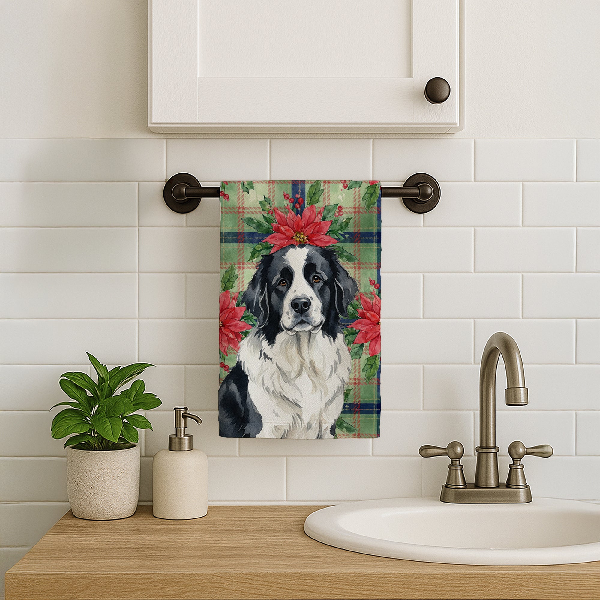 Caroline's Treasures Landseer Newfoundland Christmas PoinsettIas Kitchen Towel