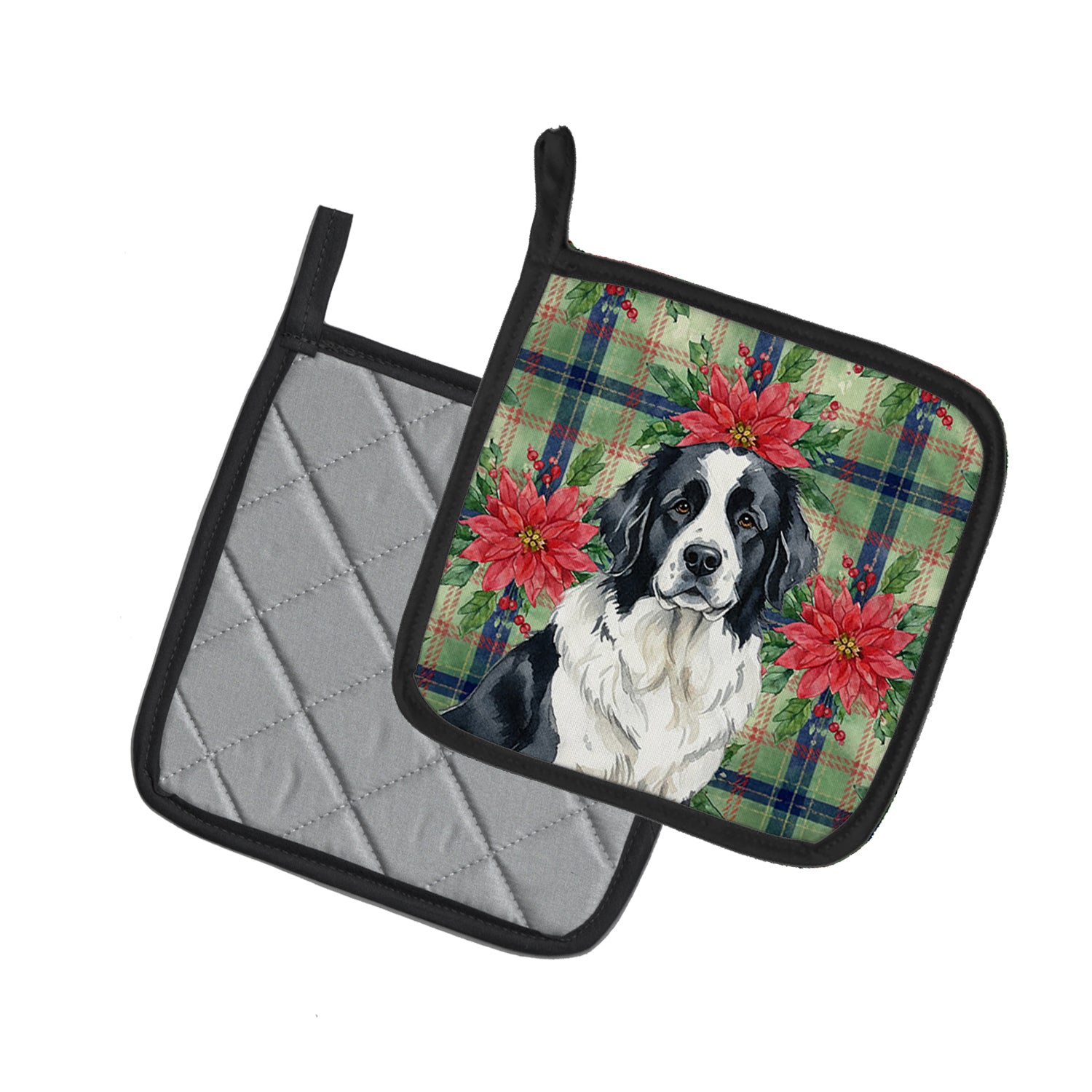 Caroline's Treasures Landseer Newfoundland Christmas PoinsettIas Pair of Pot Holders