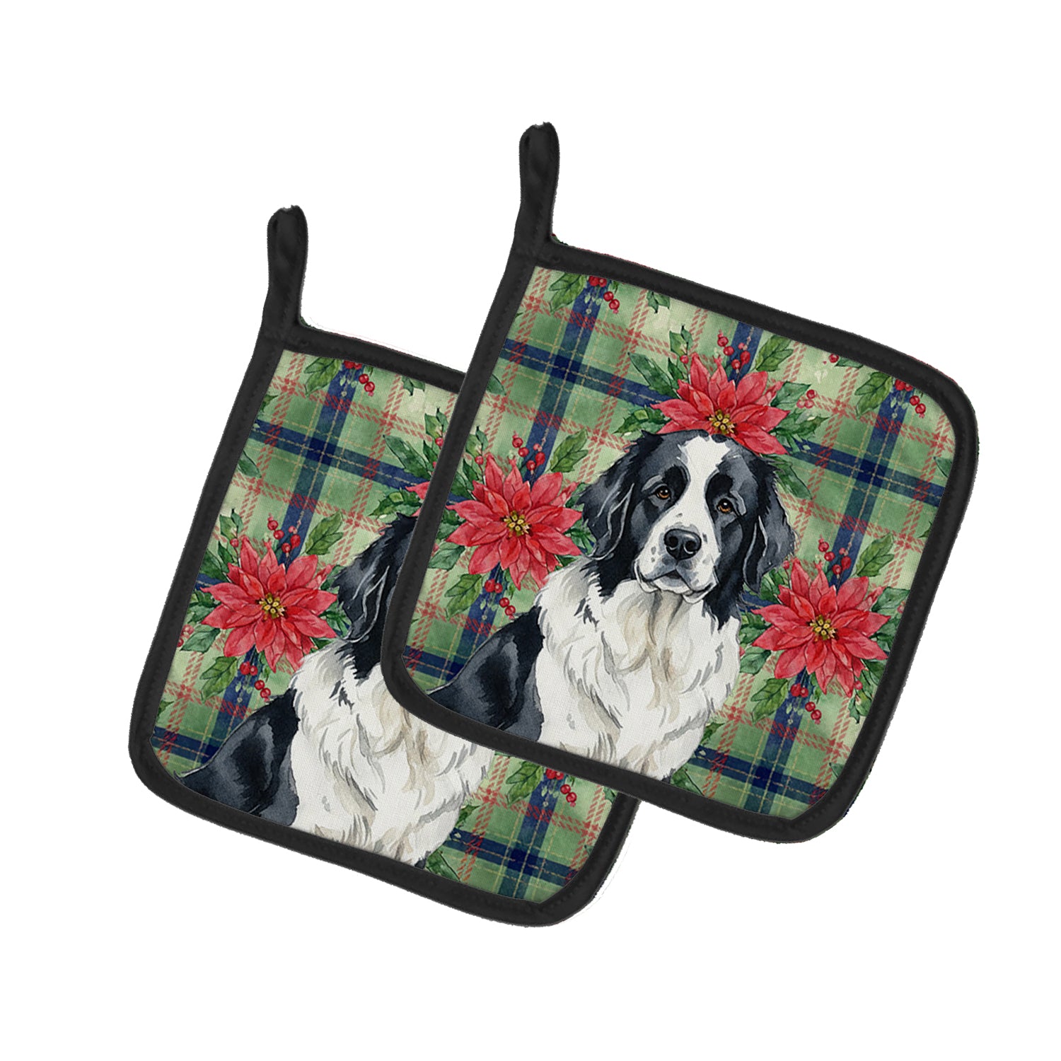 Caroline's Treasures Landseer Newfoundland Christmas PoinsettIas Pair of Pot Holders
