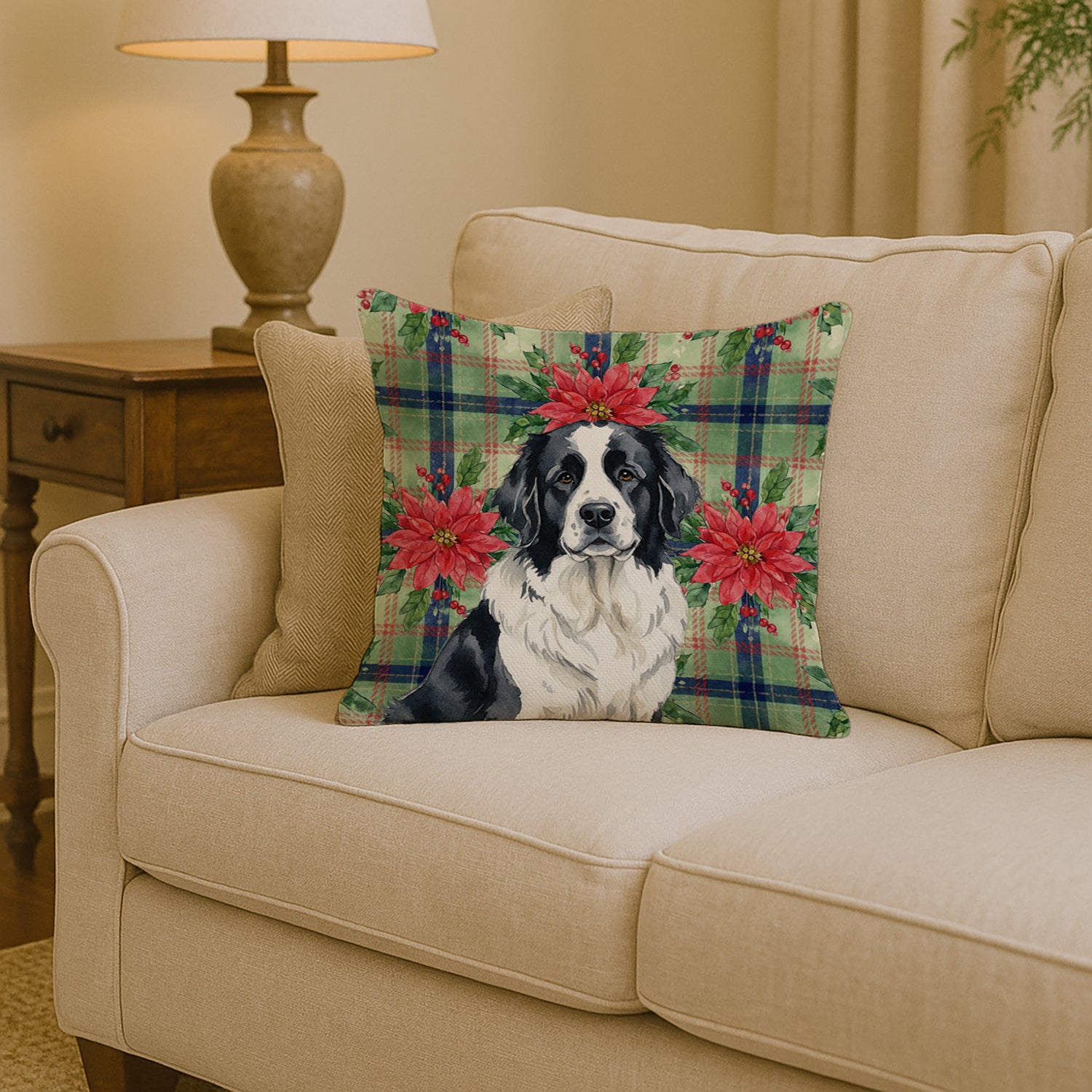Caroline's Treasures Landseer Newfoundland Christmas PoinsettIas Throw Pillow