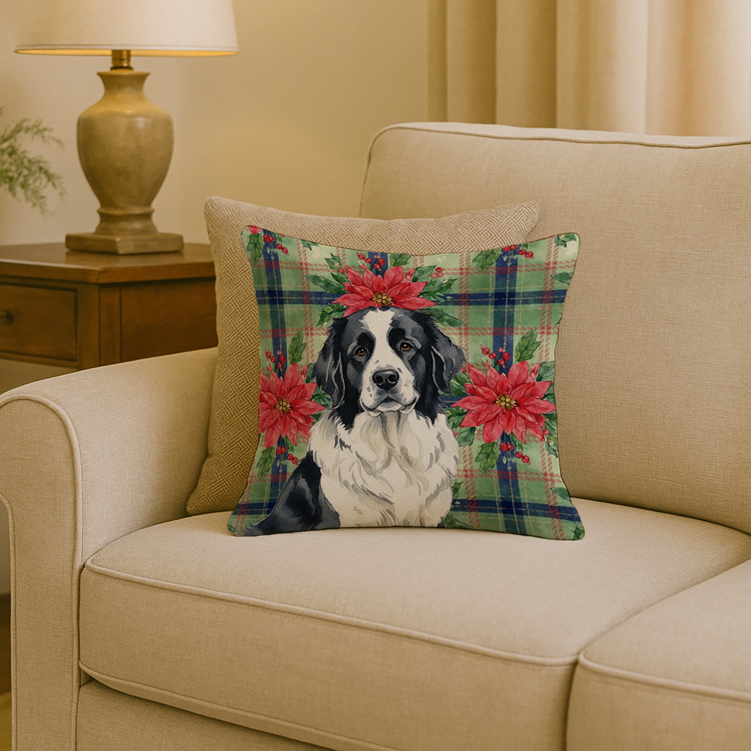 Caroline's Treasures Landseer Newfoundland Christmas PoinsettIas Throw Pillow