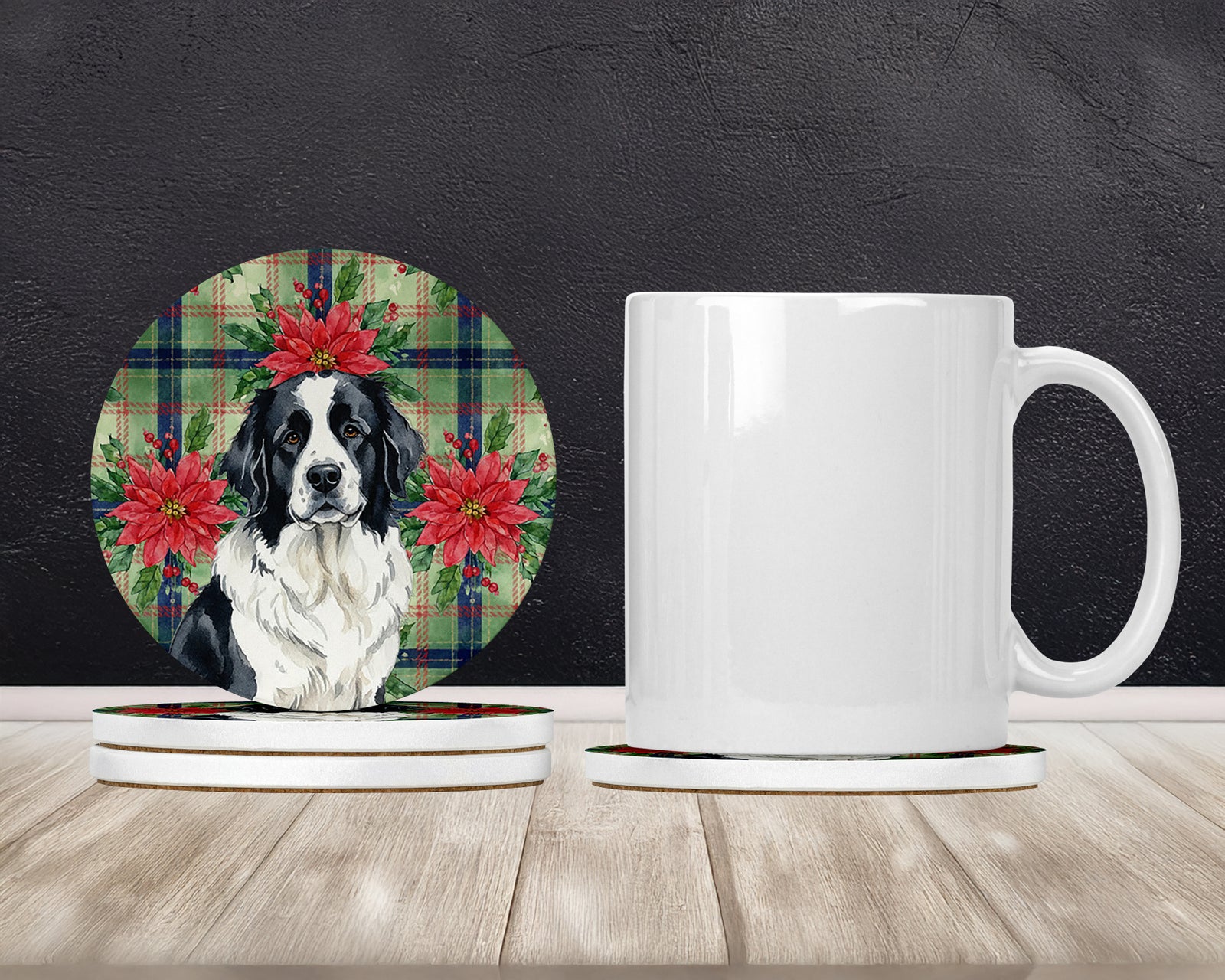 Caroline's Treasures Landseer Newfoundland Christmas PoinsettIas Large Sandstone Coasters Pack of 4