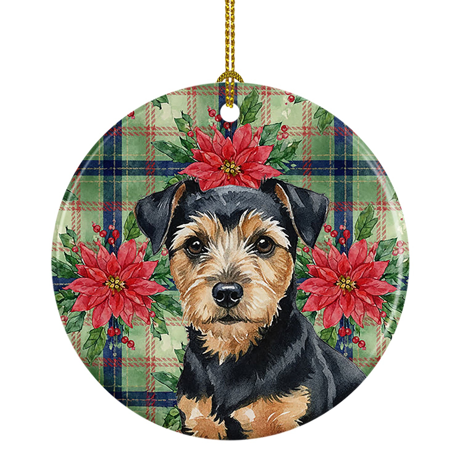 Caroline's Treasures Black and Tan Norfolk Terrier Christmas PoinsettIas Ceramic Ornament