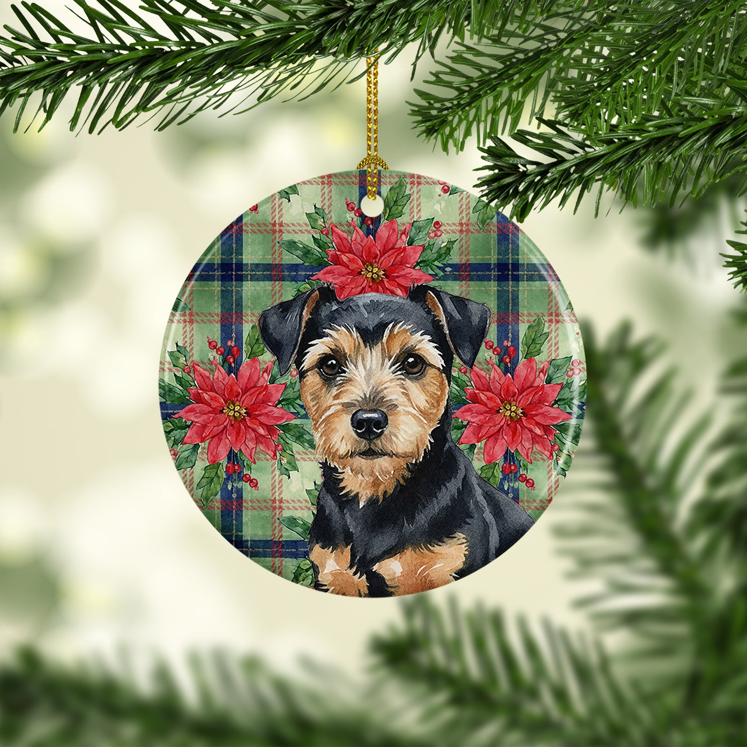 Caroline's Treasures Black and Tan Norfolk Terrier Christmas PoinsettIas Ceramic Ornament