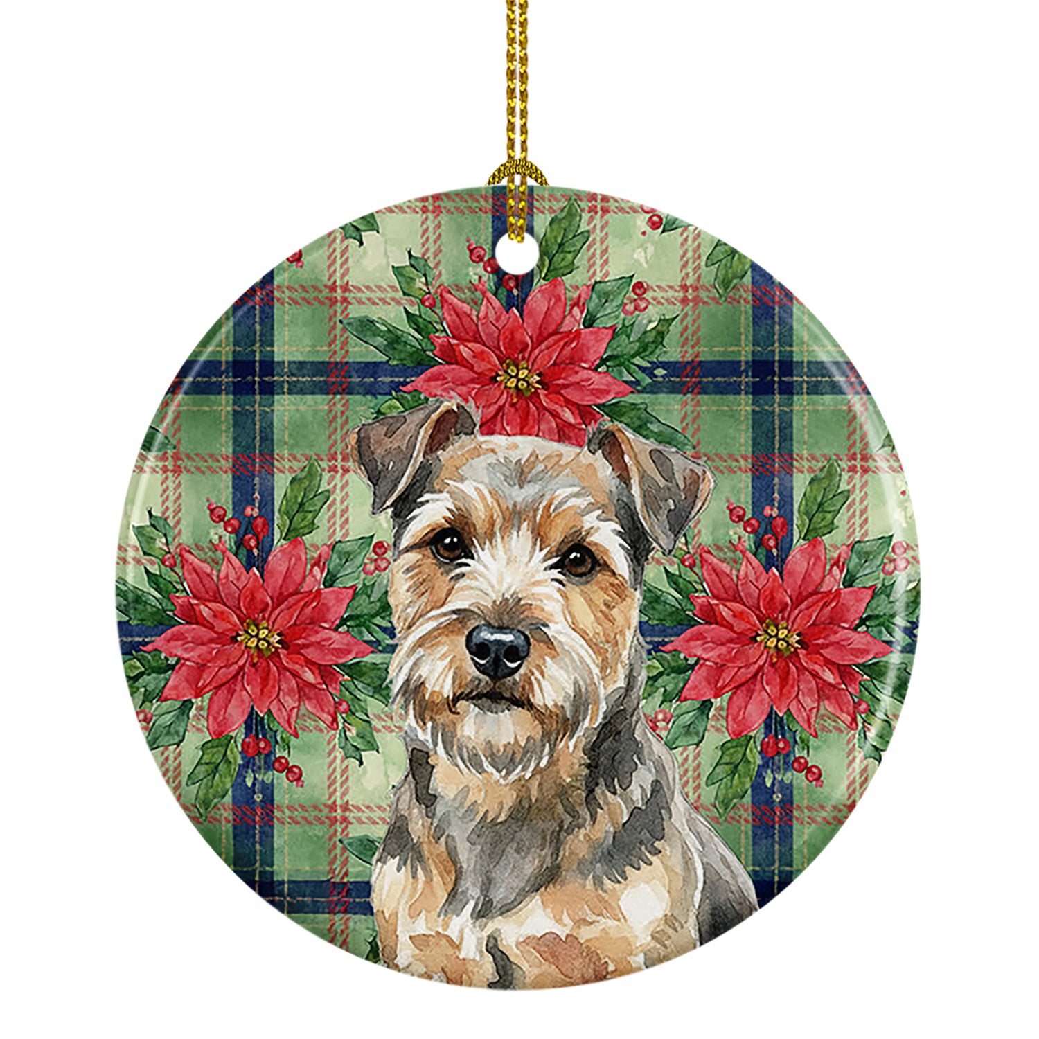 Caroline's Treasures Grizzle and Tan Norfolk Terrier Christmas PoinsettIas Ceramic Ornament