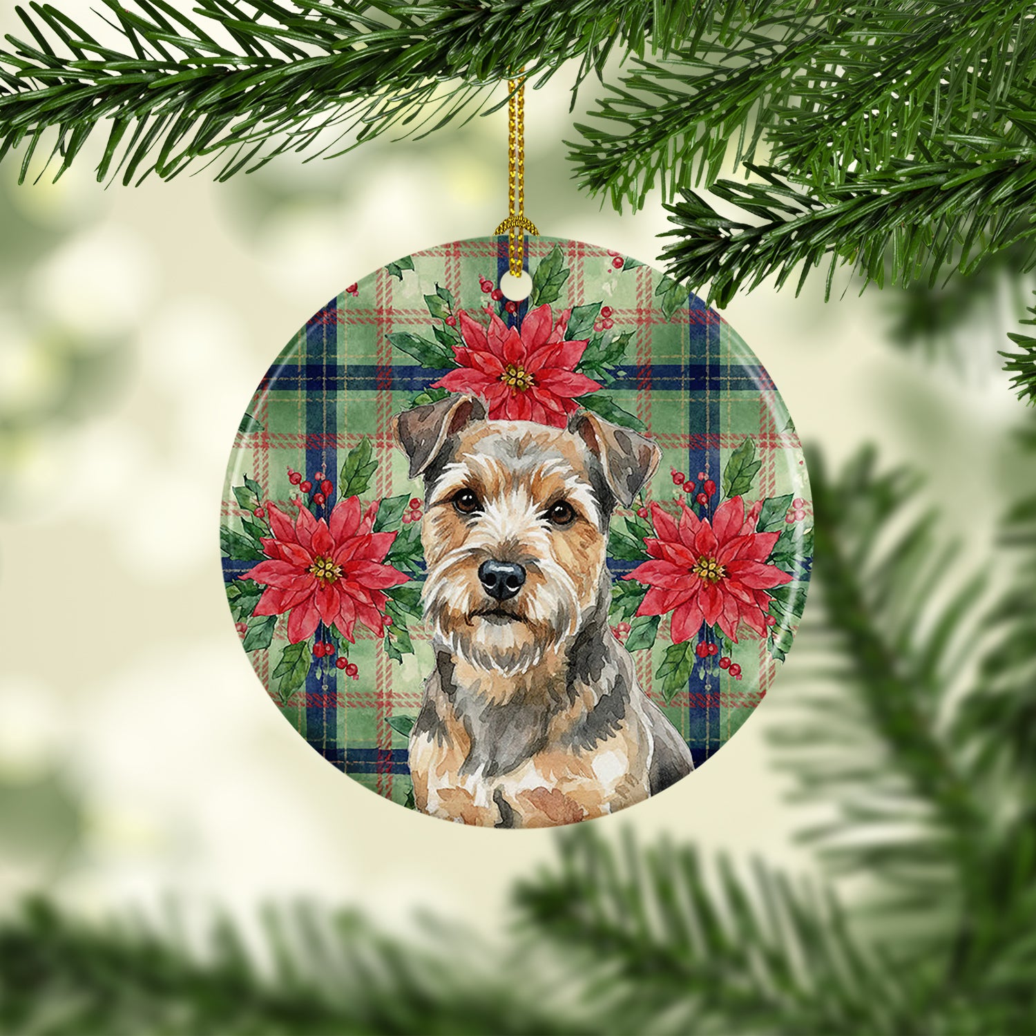 Caroline's Treasures Grizzle and Tan Norfolk Terrier Christmas PoinsettIas Ceramic Ornament