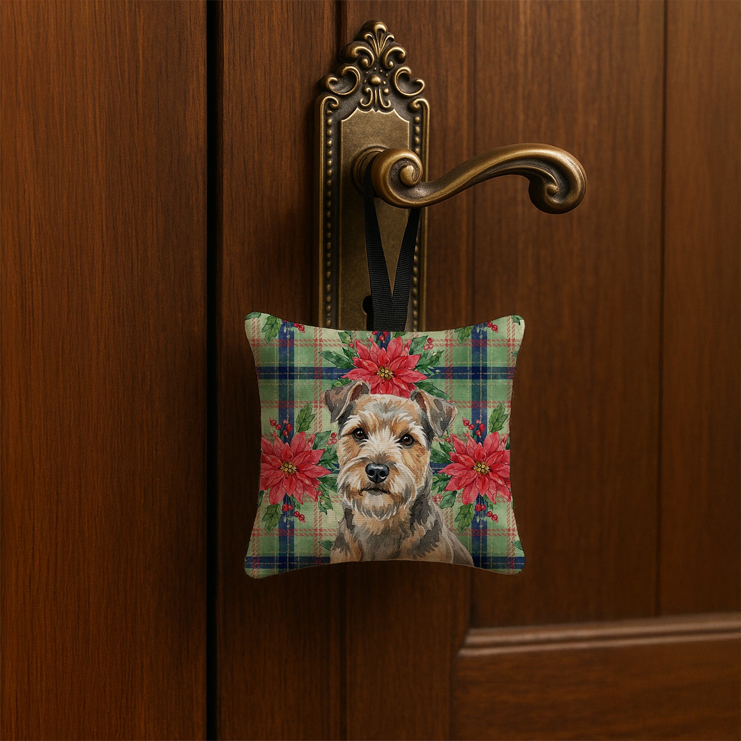 Caroline's Treasures Grizzle and Tan Norfolk Terrier Christmas PoinsettIas Hanging Square Fabric Ornament 3.5 x 3.5