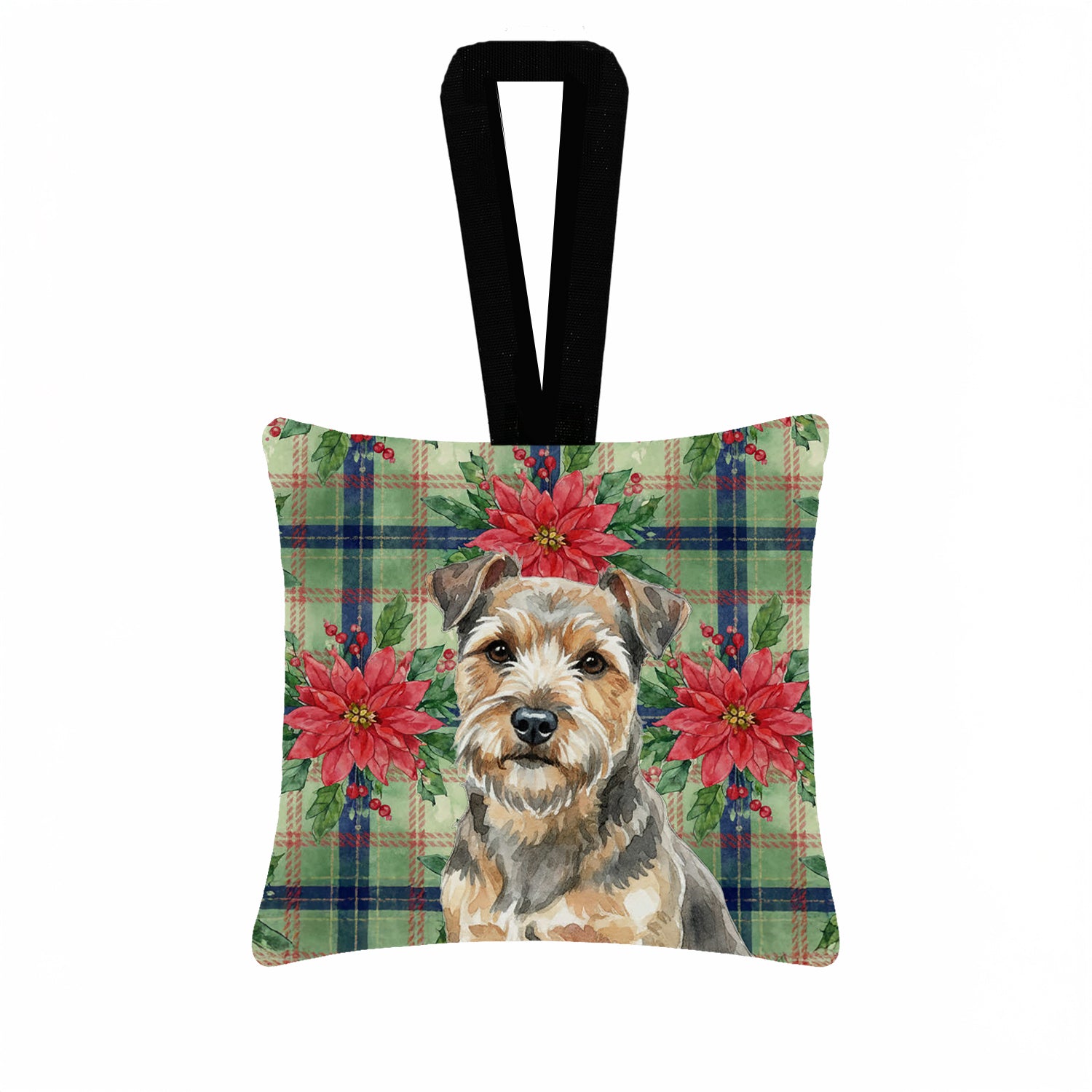 Caroline's Treasures Grizzle and Tan Norfolk Terrier Christmas PoinsettIas Hanging Square Fabric Ornament 3.5 x 3.5