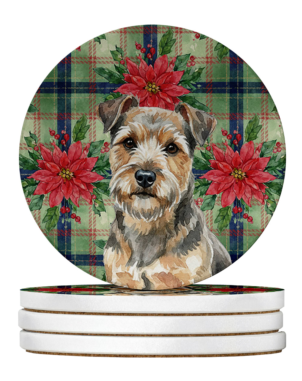 Caroline's Treasures Grizzle and Tan Norfolk Terrier Christmas PoinsettIas Large Sandstone Coasters Pack of 4