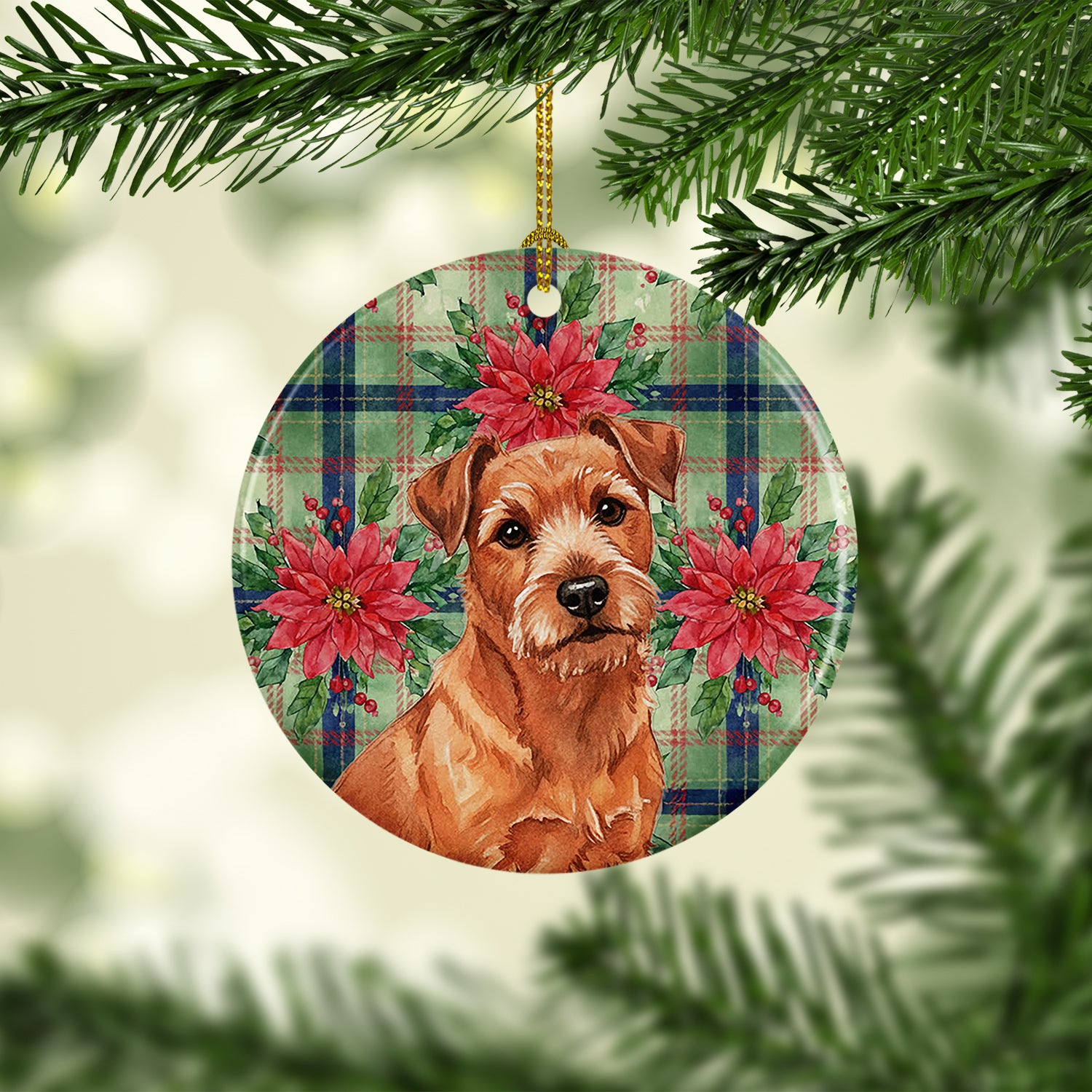 Caroline's Treasures Red Norfolk Terrier Christmas PoinsettIas Ceramic Ornament