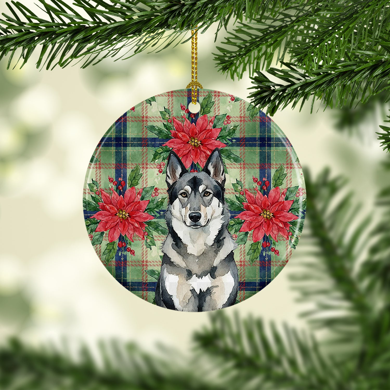 Caroline's Treasures Norwegian Elkhound Christmas PoinsettIas Ceramic Ornament