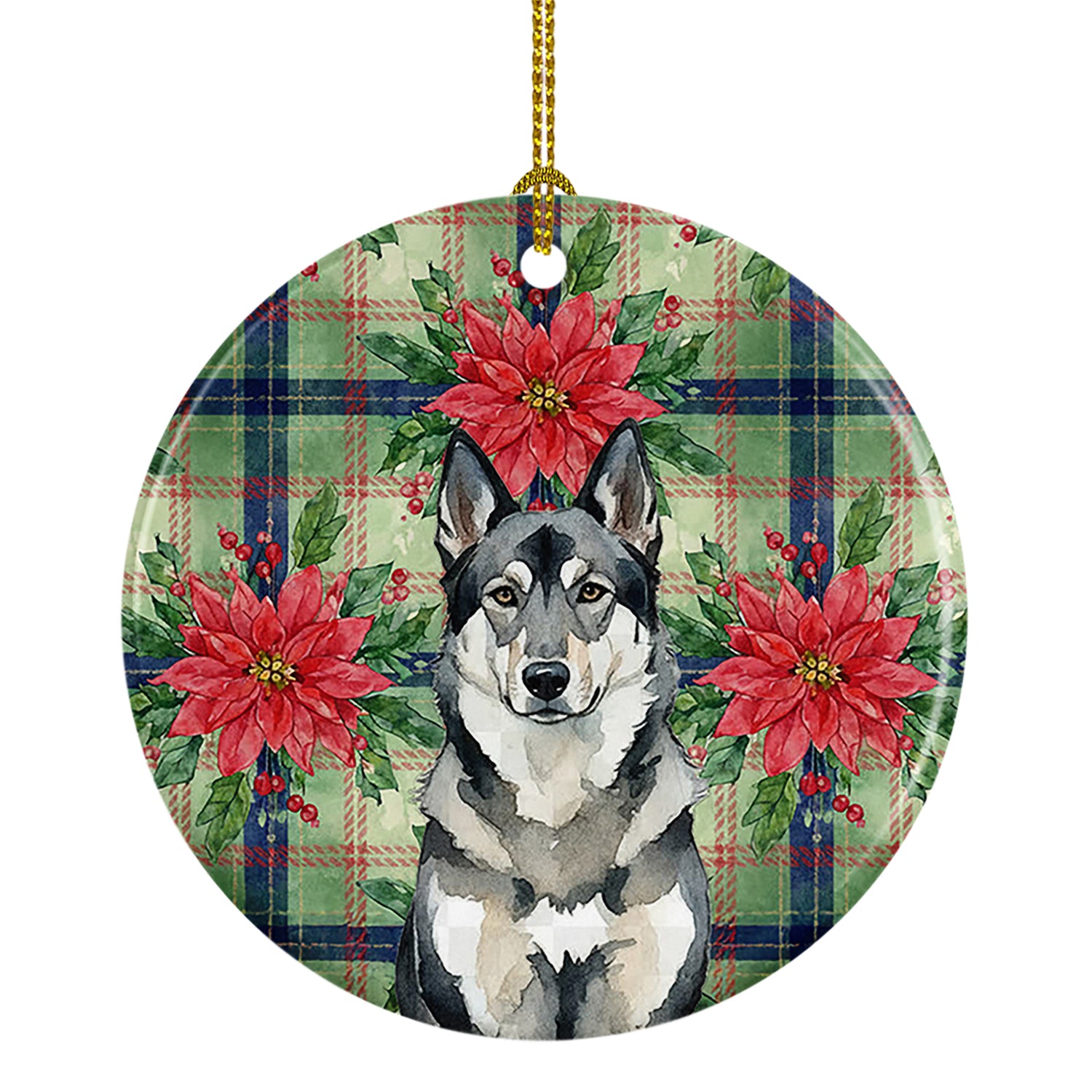 Caroline's Treasures Norwegian Elkhound Christmas PoinsettIas Ceramic Ornament