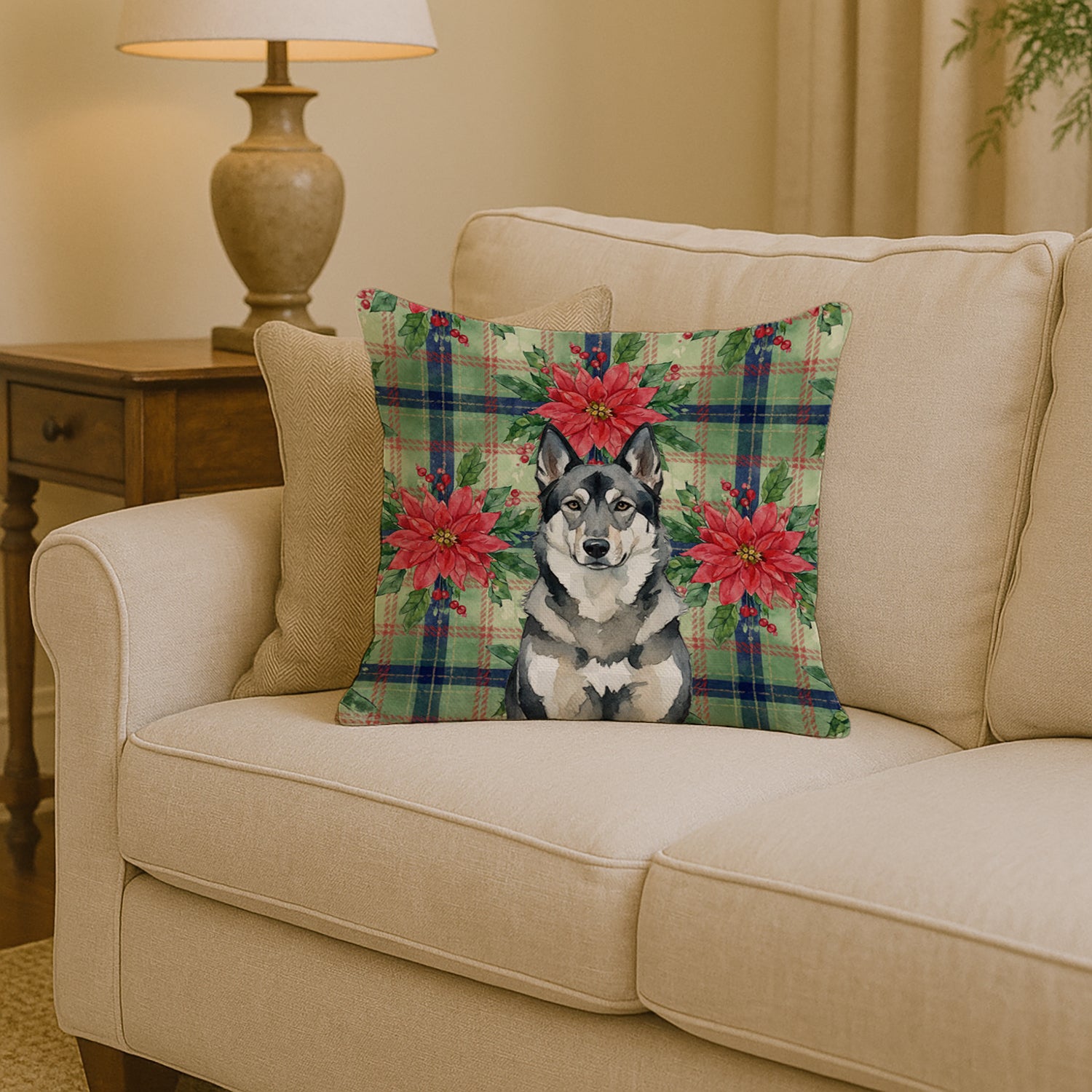 Caroline's Treasures Norwegian Elkhound Christmas PoinsettIas Throw Pillow