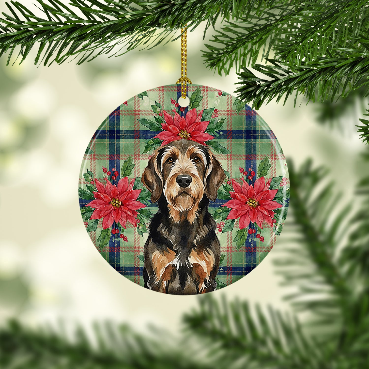 Caroline's Treasures Black and Tan Otterhound Christmas PoinsettIas Ceramic Ornament
