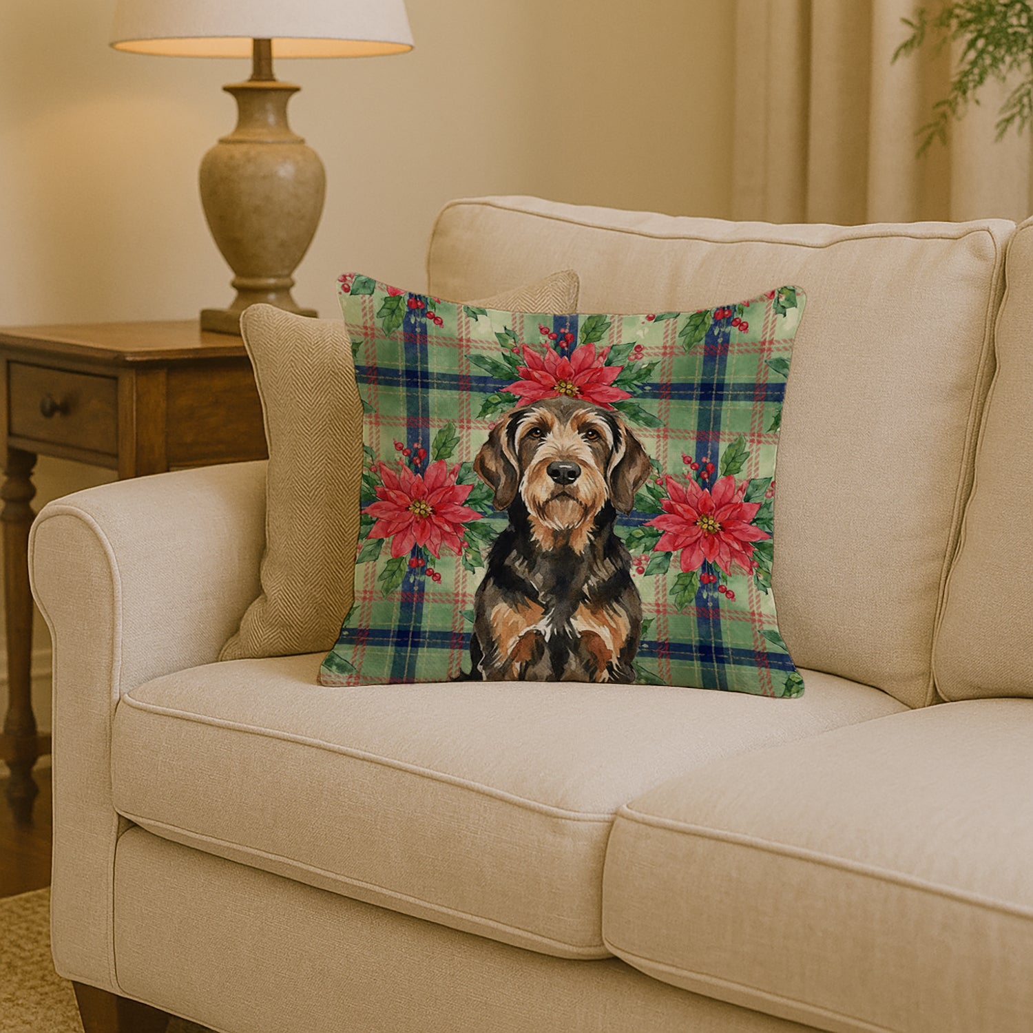 Caroline's Treasures Black and Tan Otterhound Christmas PoinsettIas Throw Pillow
