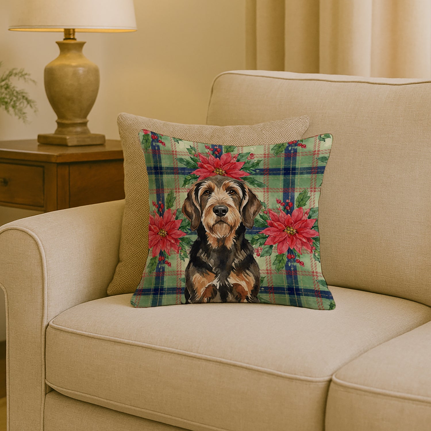 Caroline's Treasures Black and Tan Otterhound Christmas PoinsettIas Throw Pillow