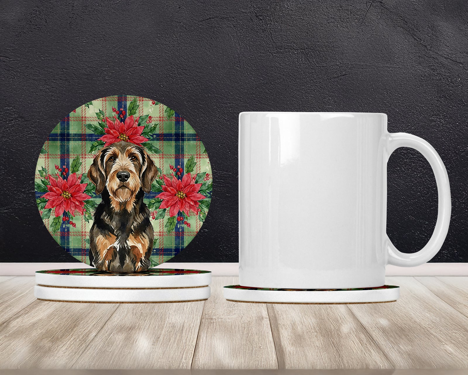 Caroline's Treasures Black and Tan Otterhound Christmas PoinsettIas Large Sandstone Coasters Pack of 4