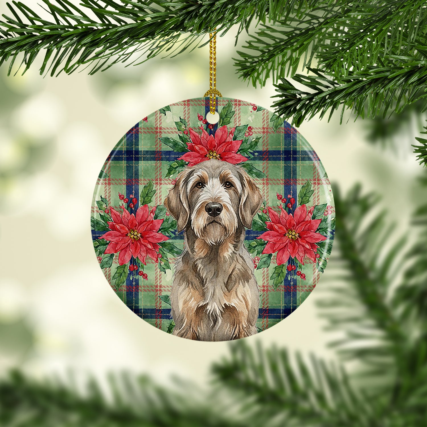Caroline's Treasures Grizzle and Tan Otterhound Christmas PoinsettIas Ceramic Ornament