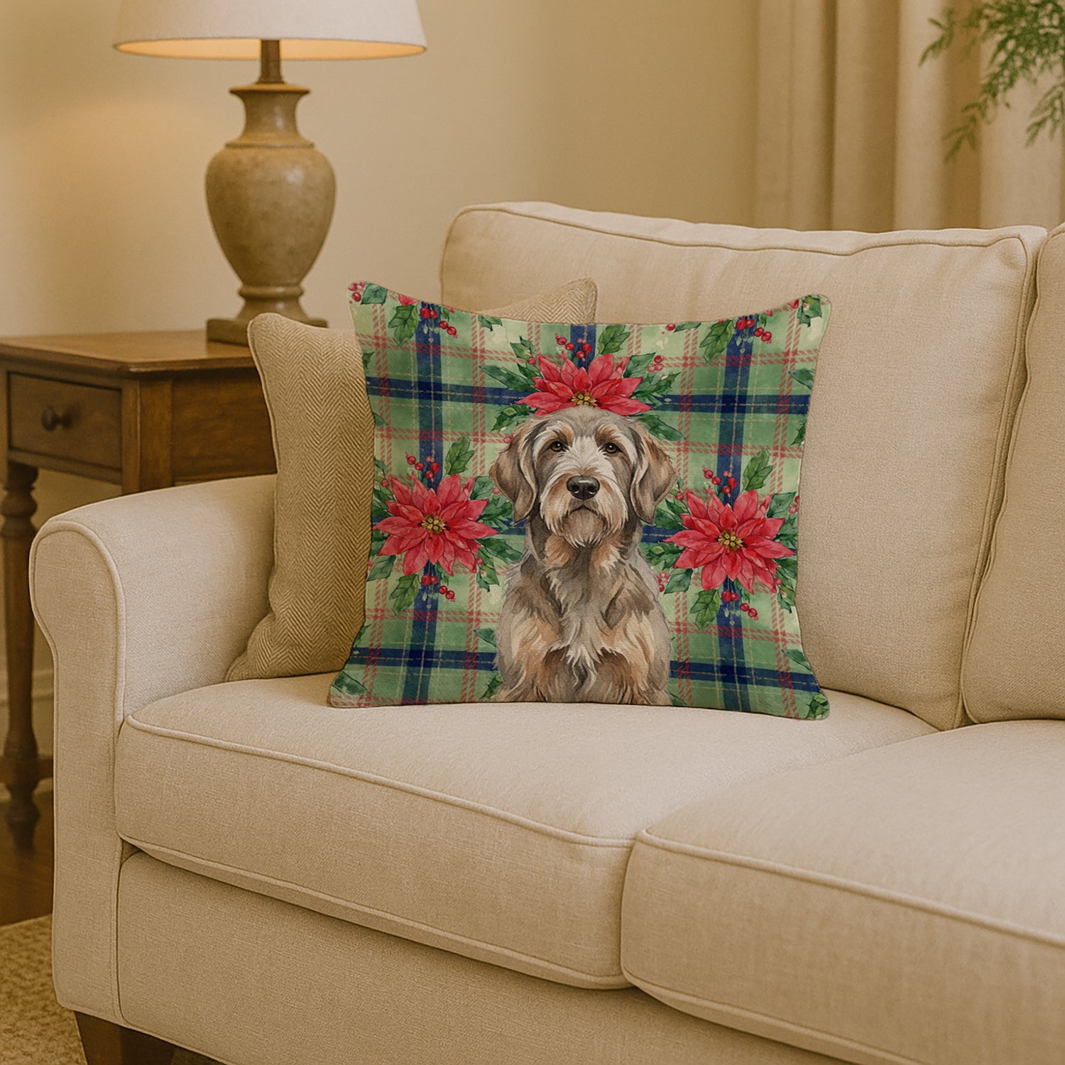 Caroline's Treasures Grizzle and Tan Otterhound Christmas PoinsettIas Throw Pillow