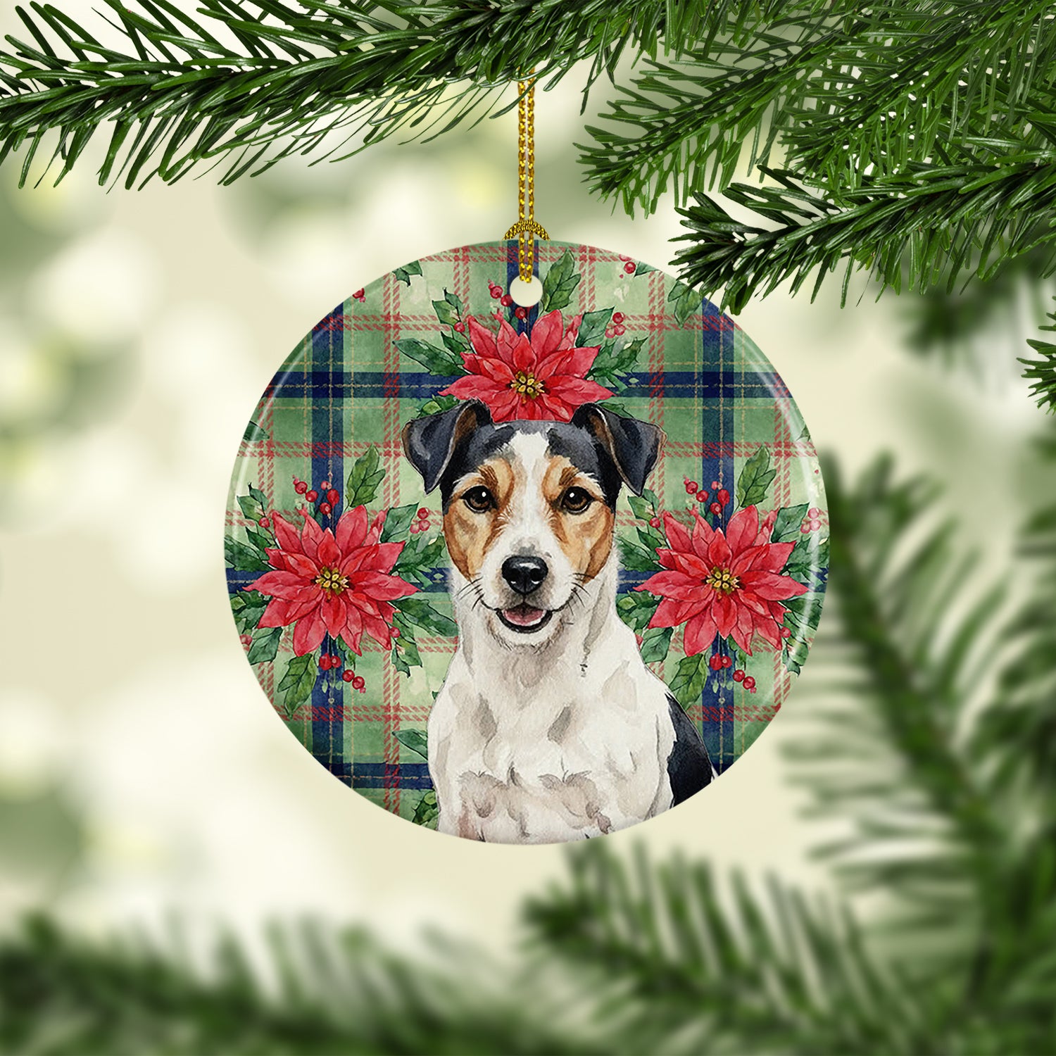 Caroline's Treasures Parson Russell Terrier Christmas PoinsettIas Ceramic Ornament